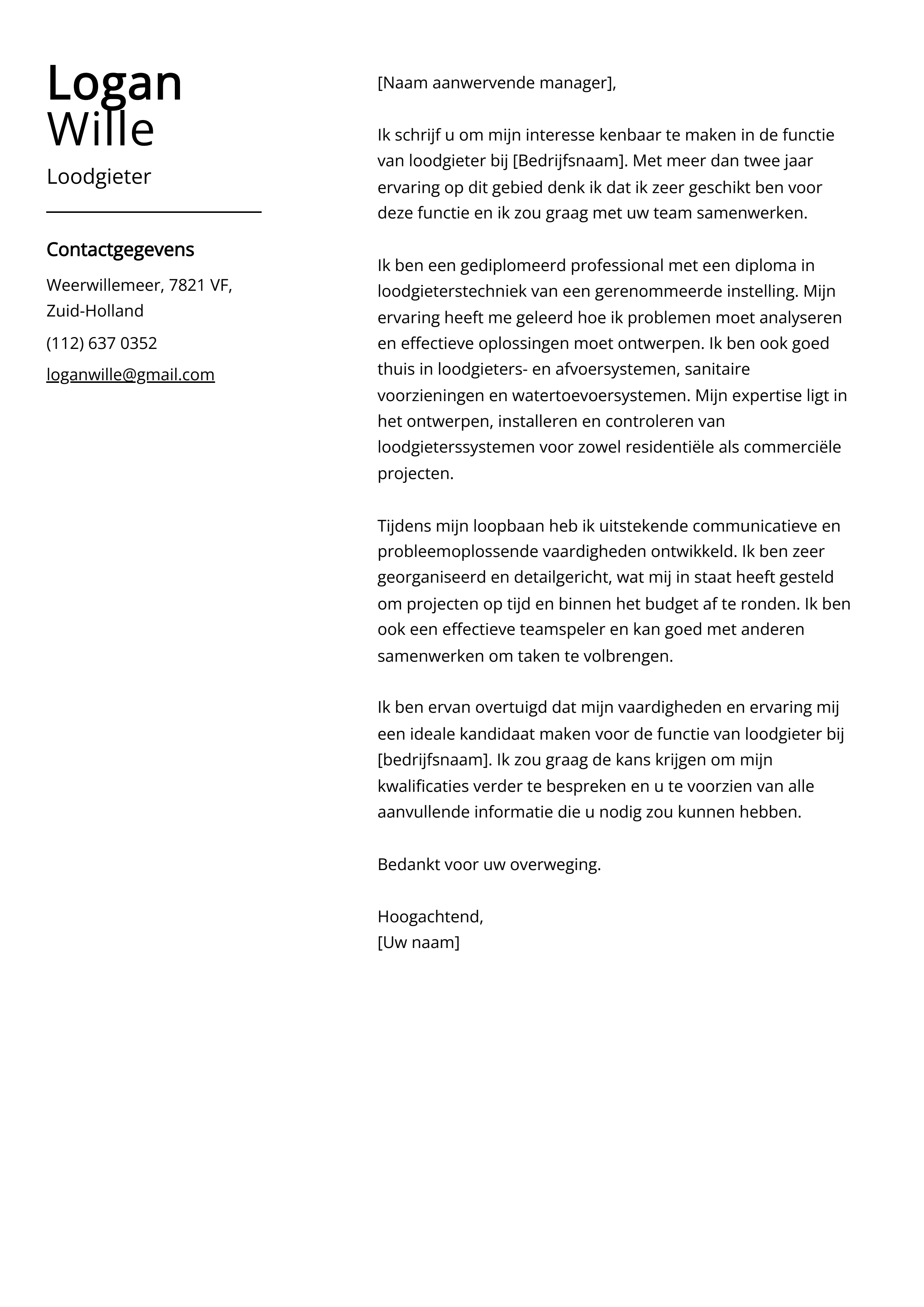 Loodgieter Sollicitatiebrief Voorbeeld