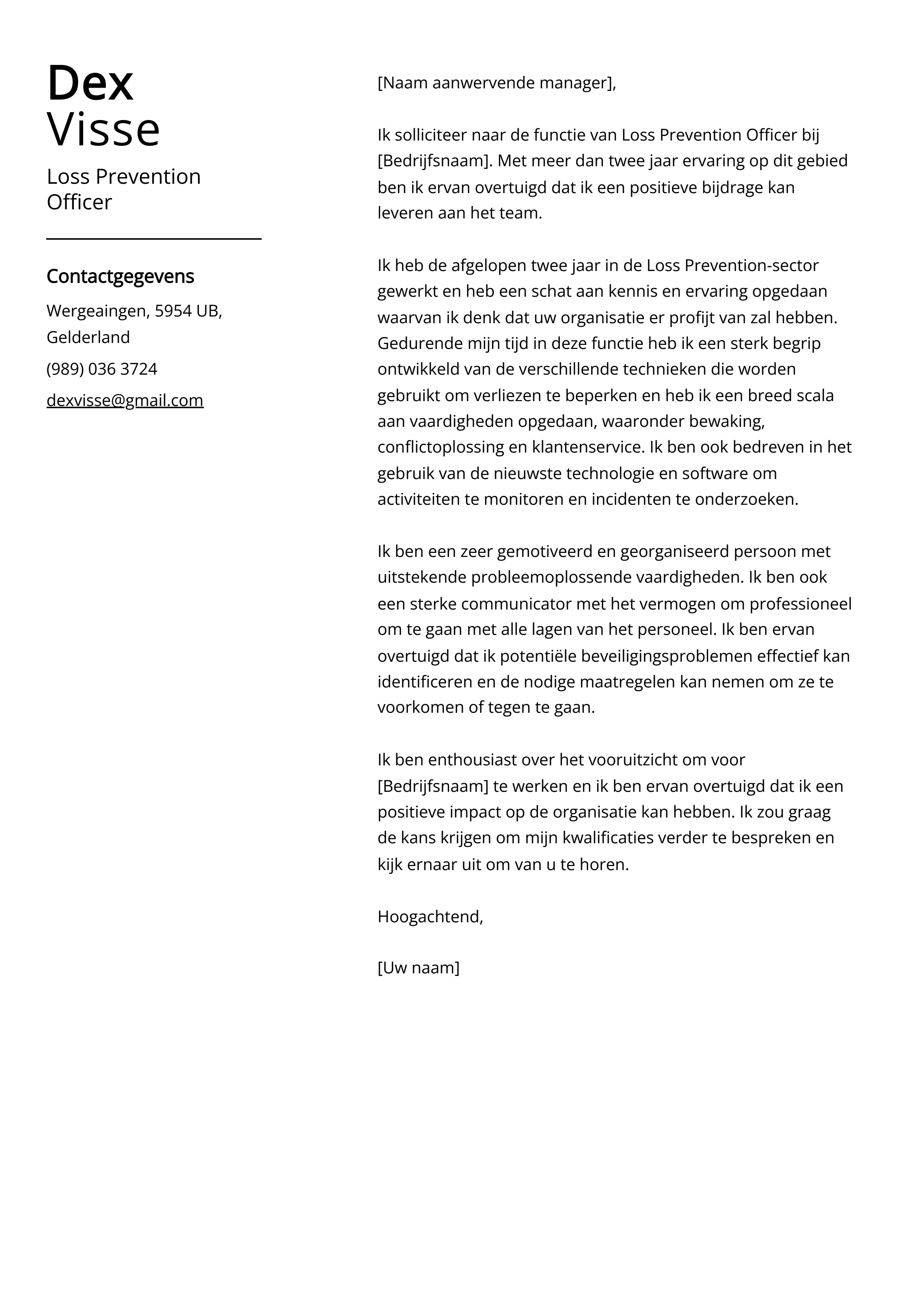 Loss Prevention Officer Voorbeeld sollicitatiebrief