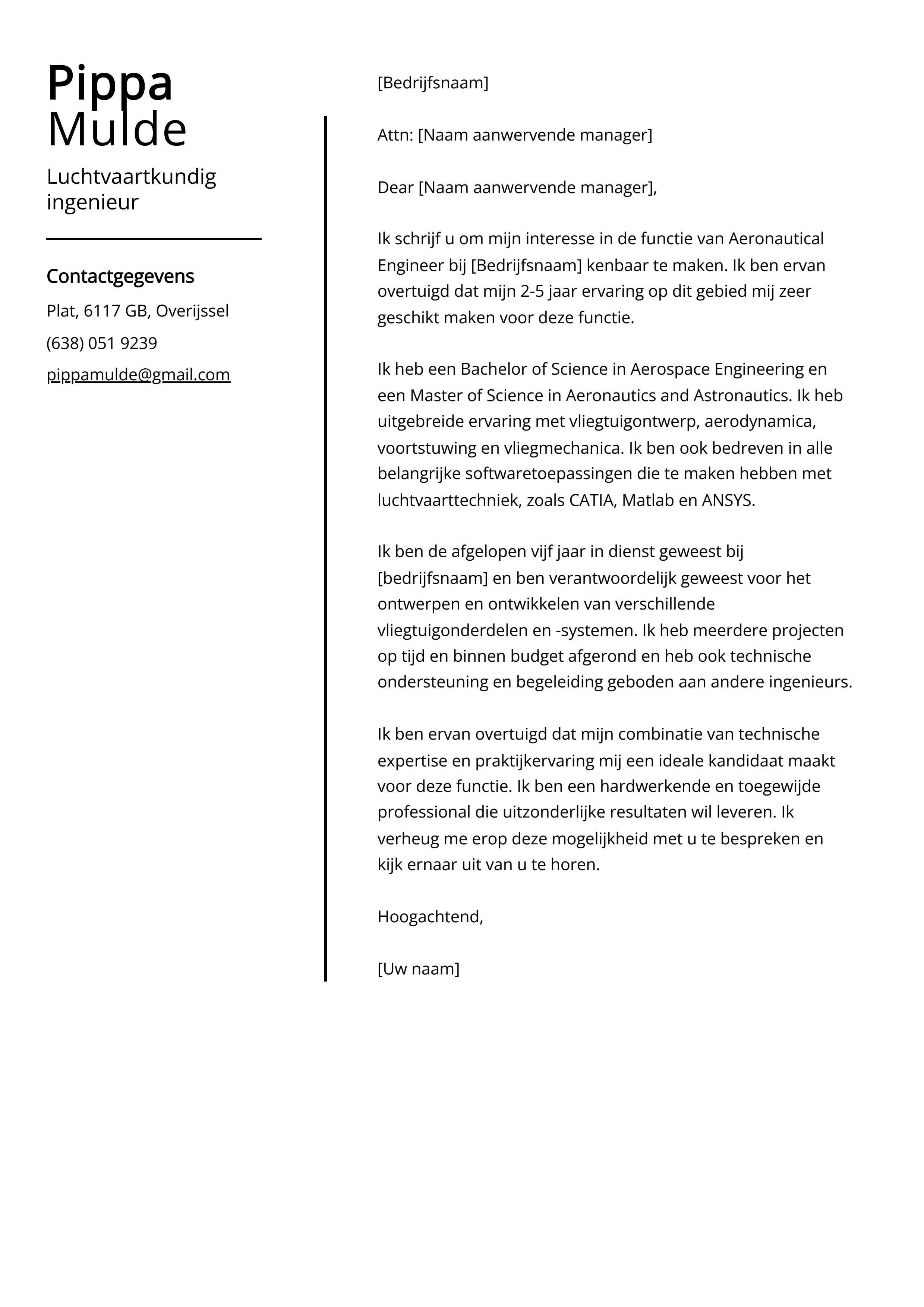 Luchtvaartkundig ingenieur Sollicitatiebrief Voorbeeld