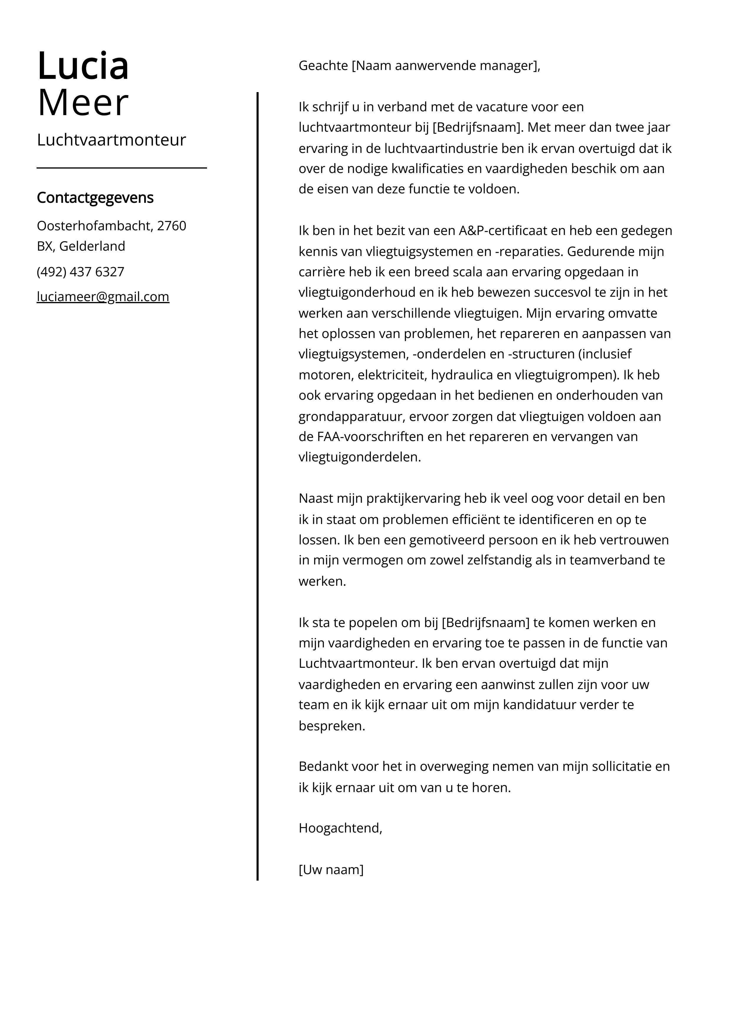 Luchtvaartmonteur Sollicitatiebrief Voorbeeld