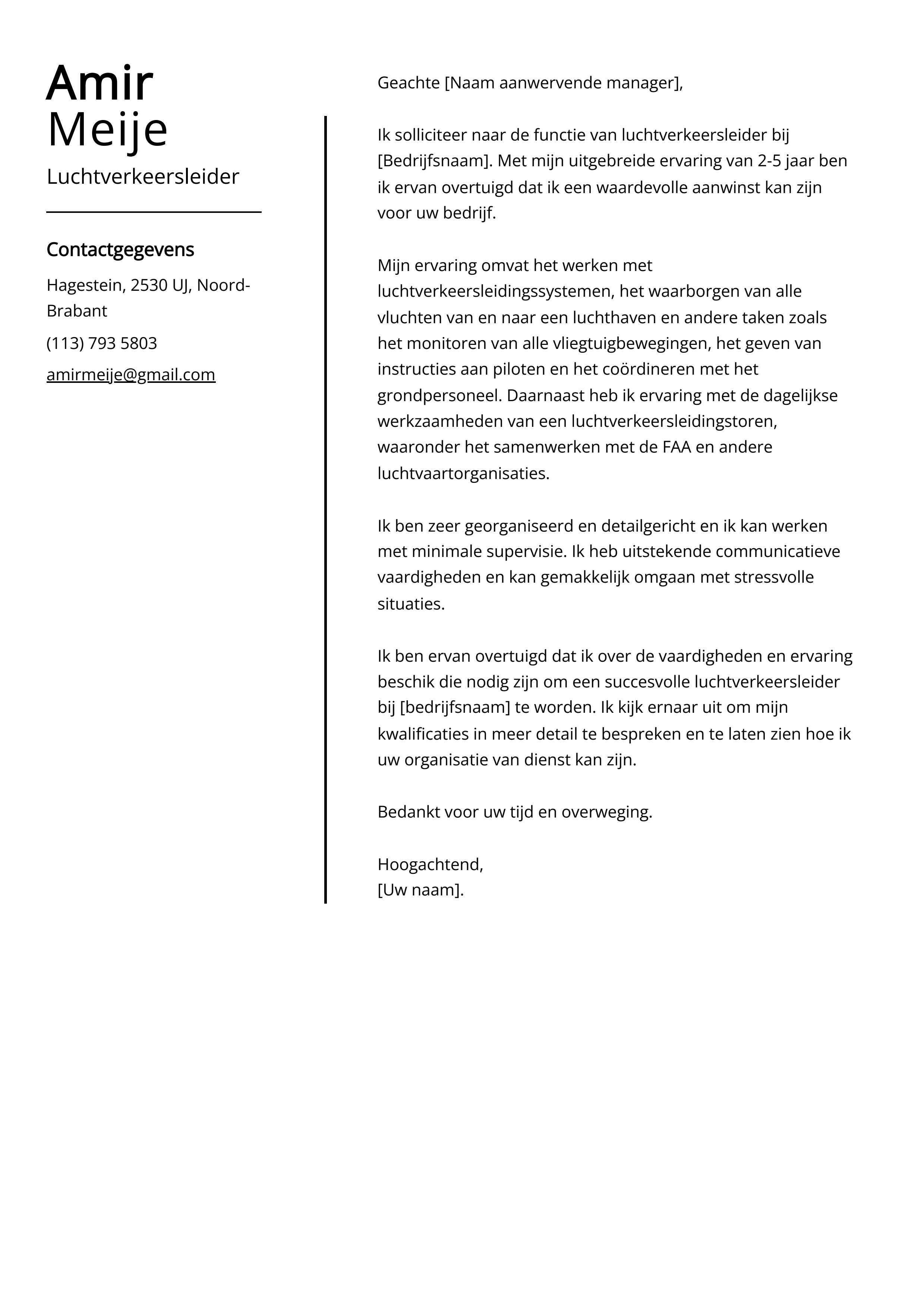 Luchtverkeersleider Sollicitatiebrief Voorbeeld