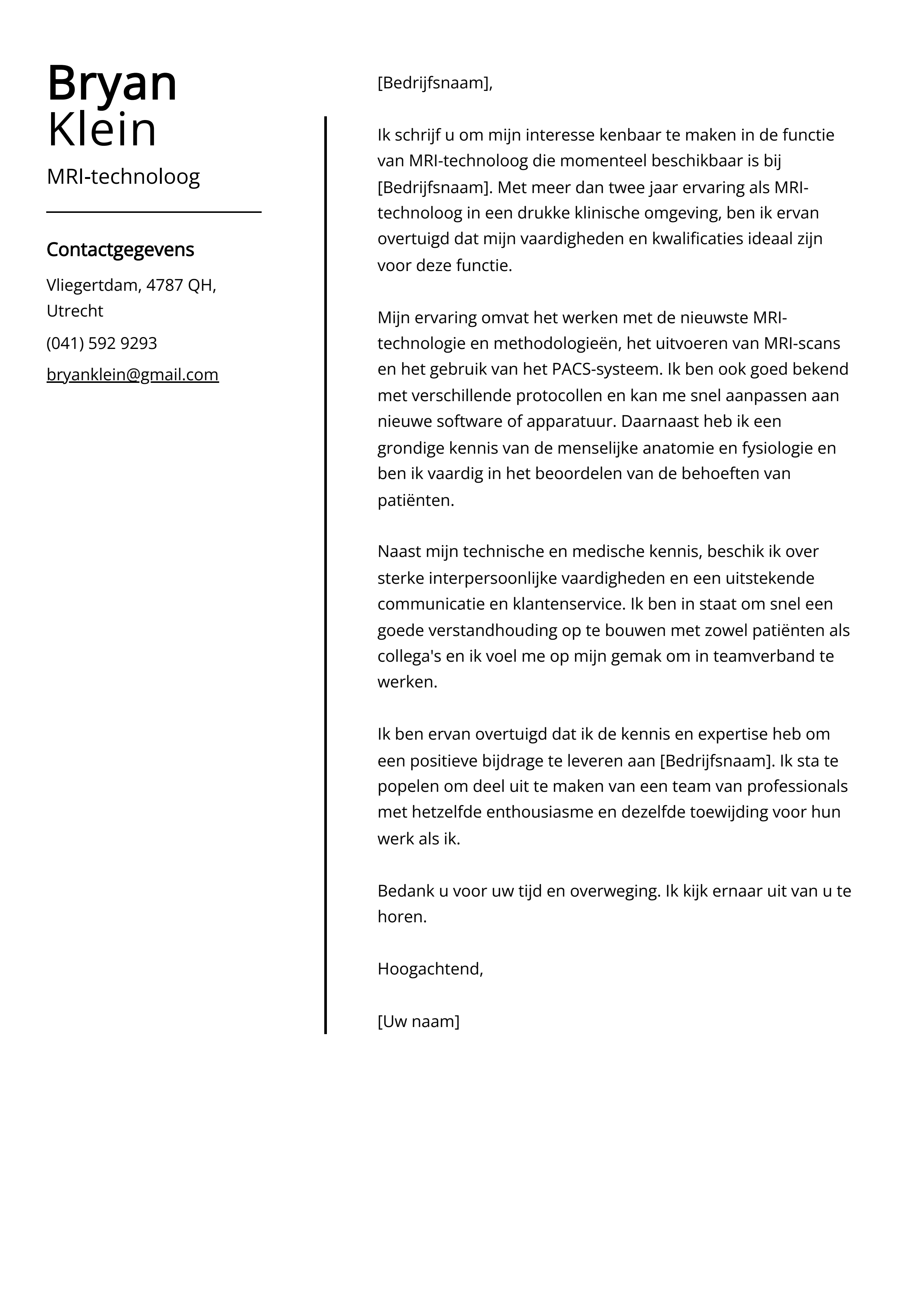 MRI-technoloog Sollicitatiebrief Voorbeeld