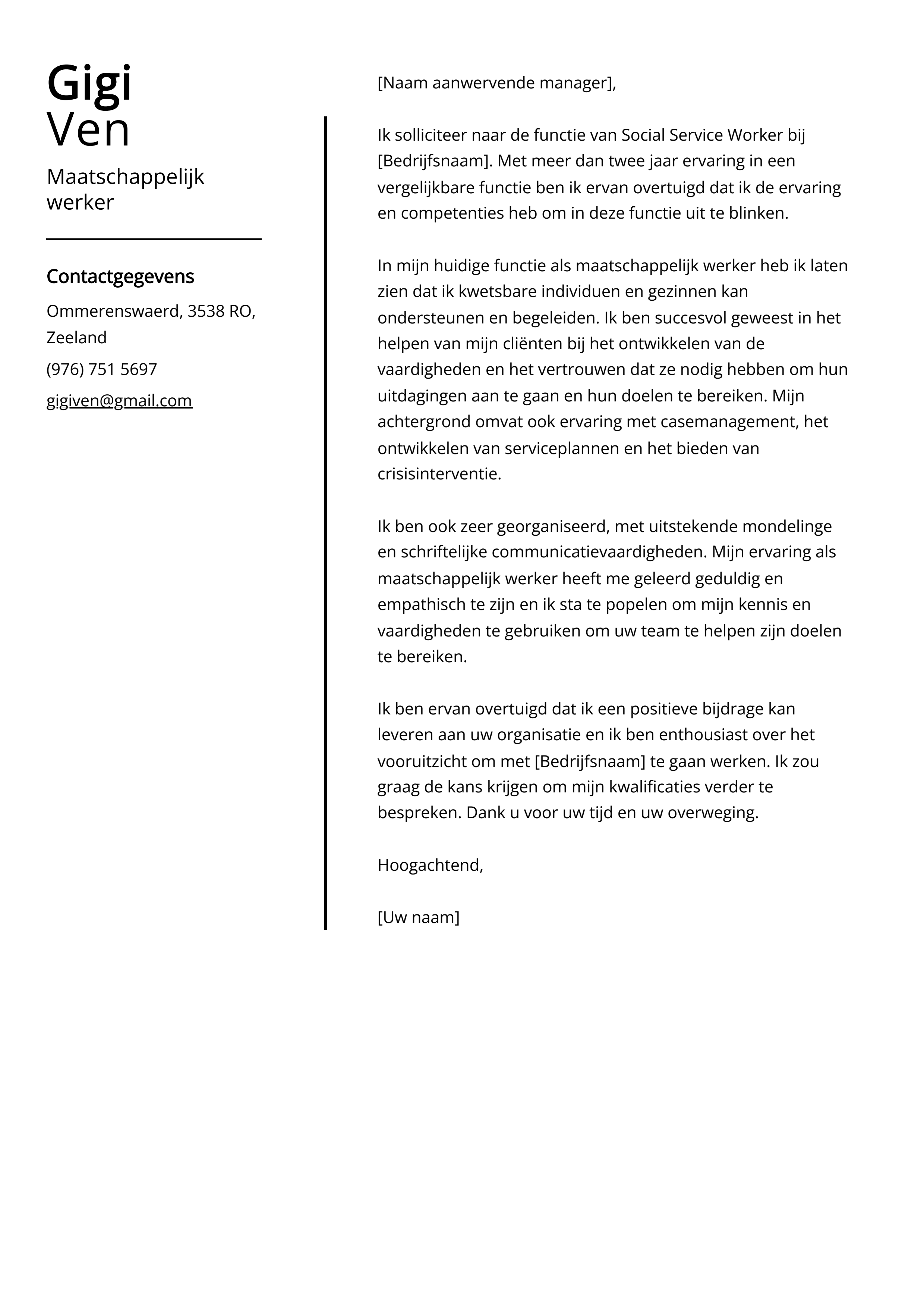 Maatschappelijk werker Voorbeeld sollicitatiebrief