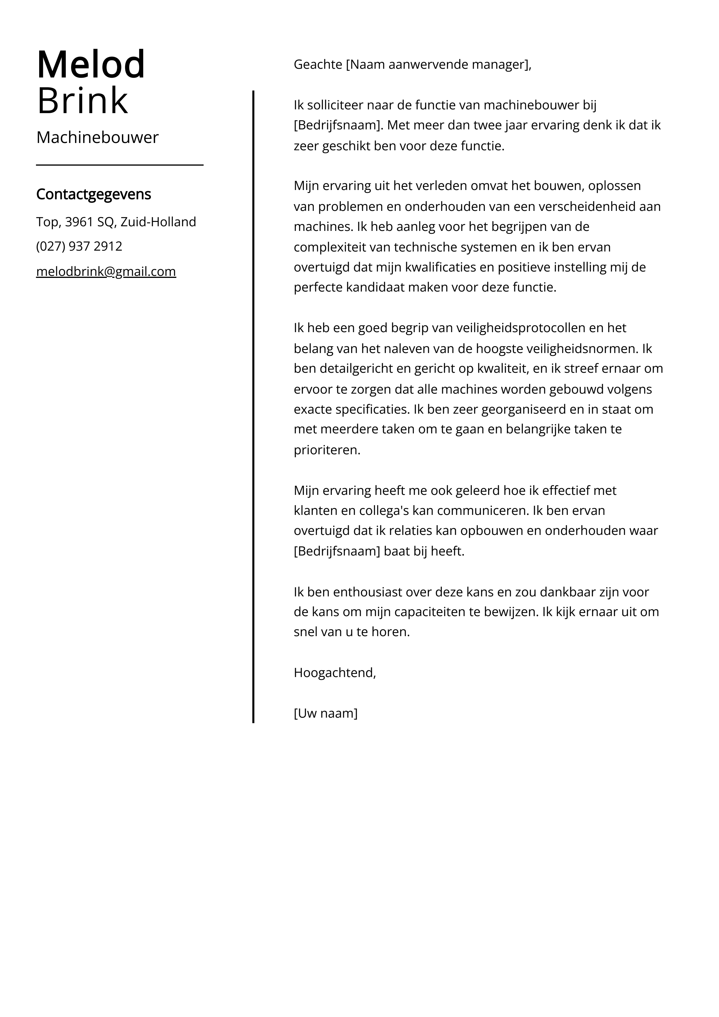 Machinebouwer Sollicitatiebrief Voorbeeld