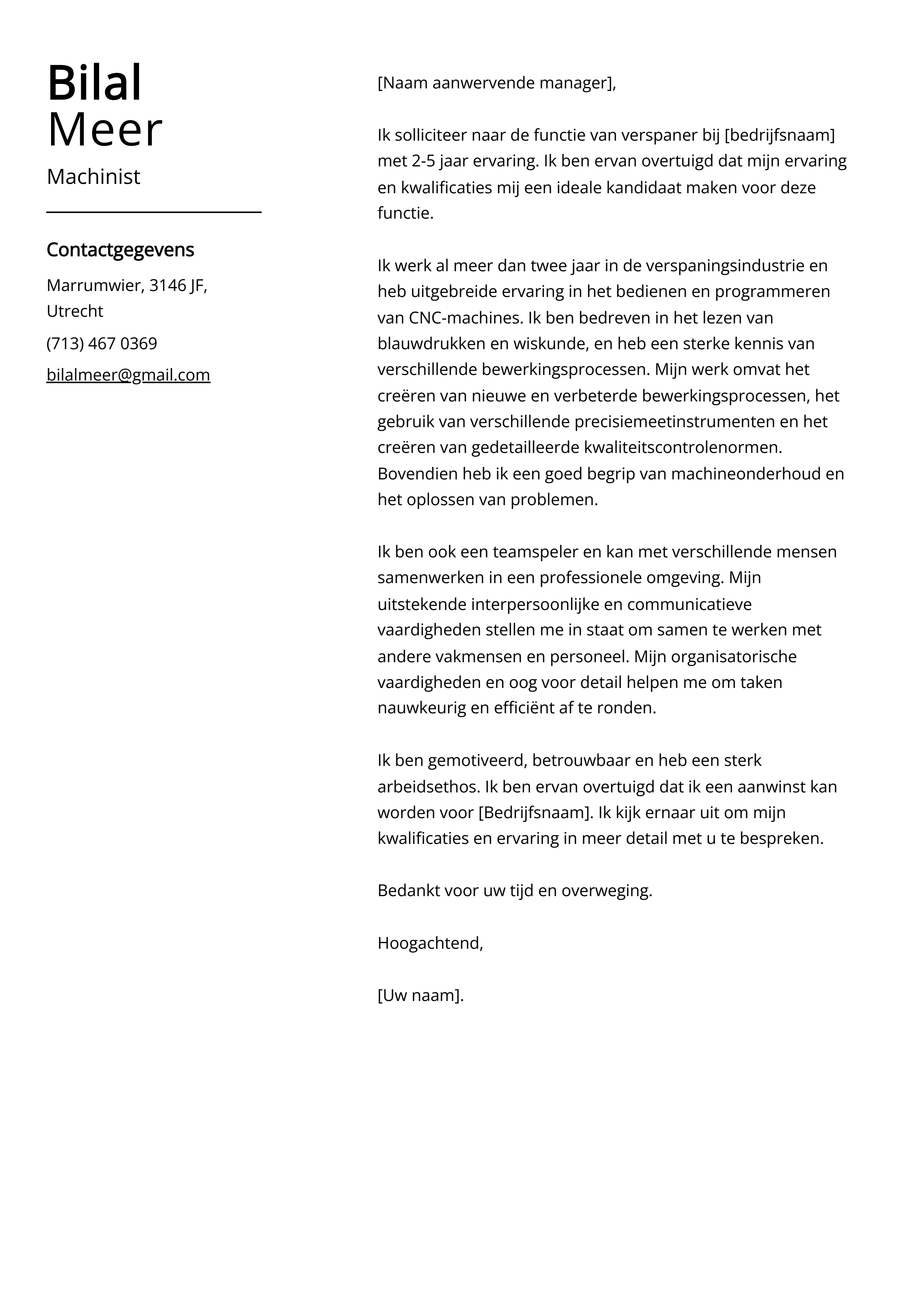 Machinist Voorbeeld sollicitatiebrief