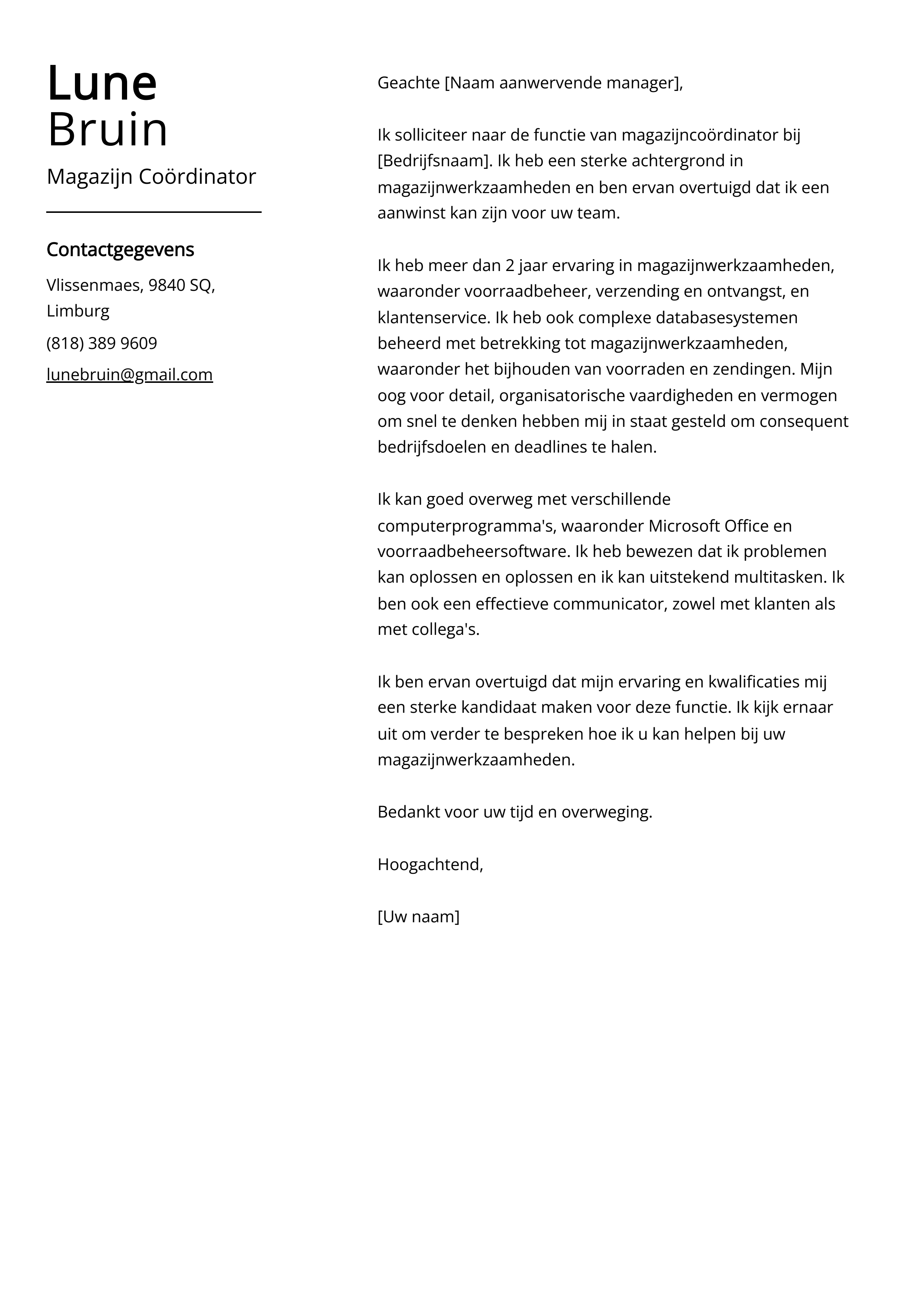 Magazijn Coördinator Voorbeeld sollicitatiebrief