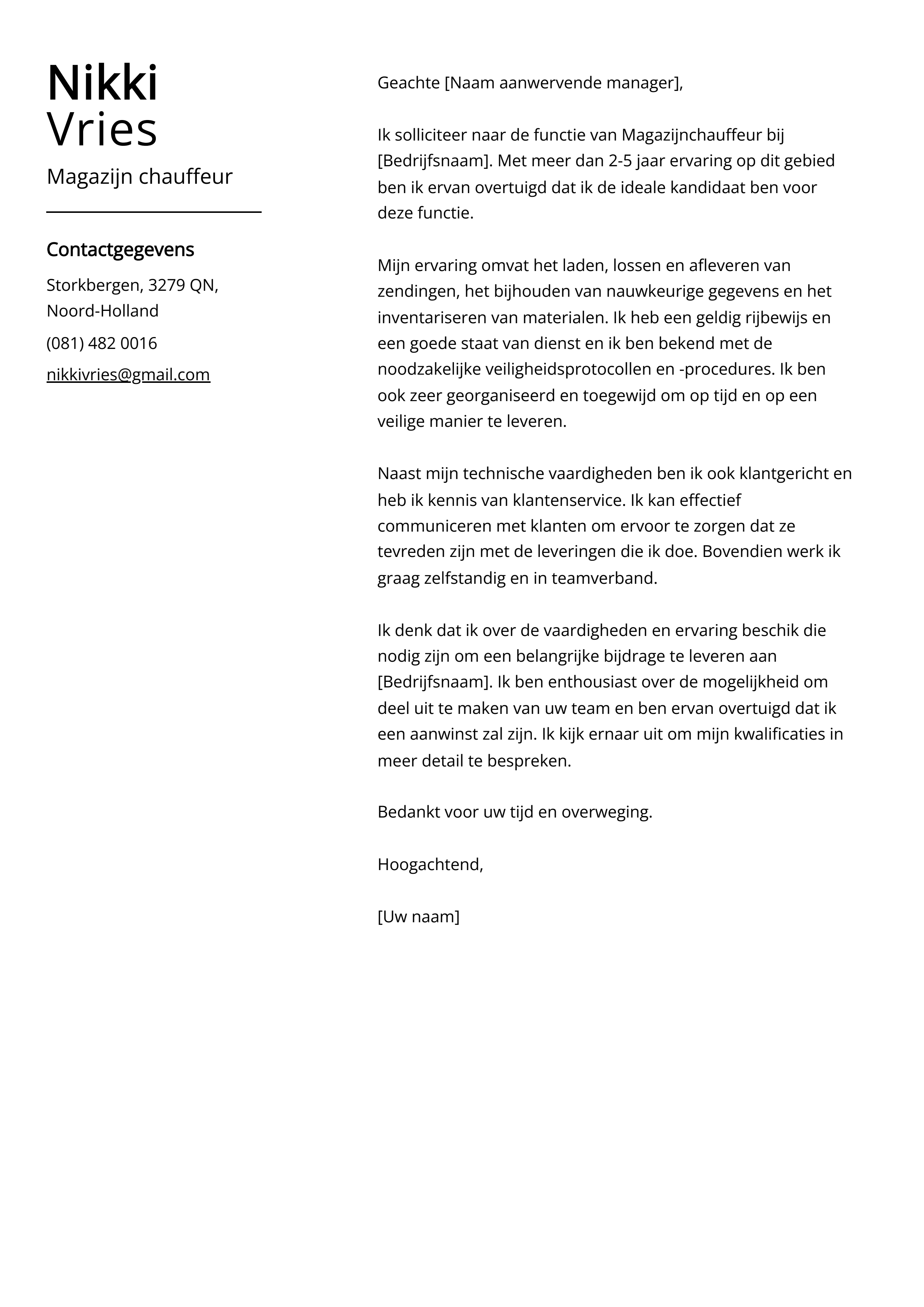 Magazijn chauffeurs sollicitatiebrief voorbeeld