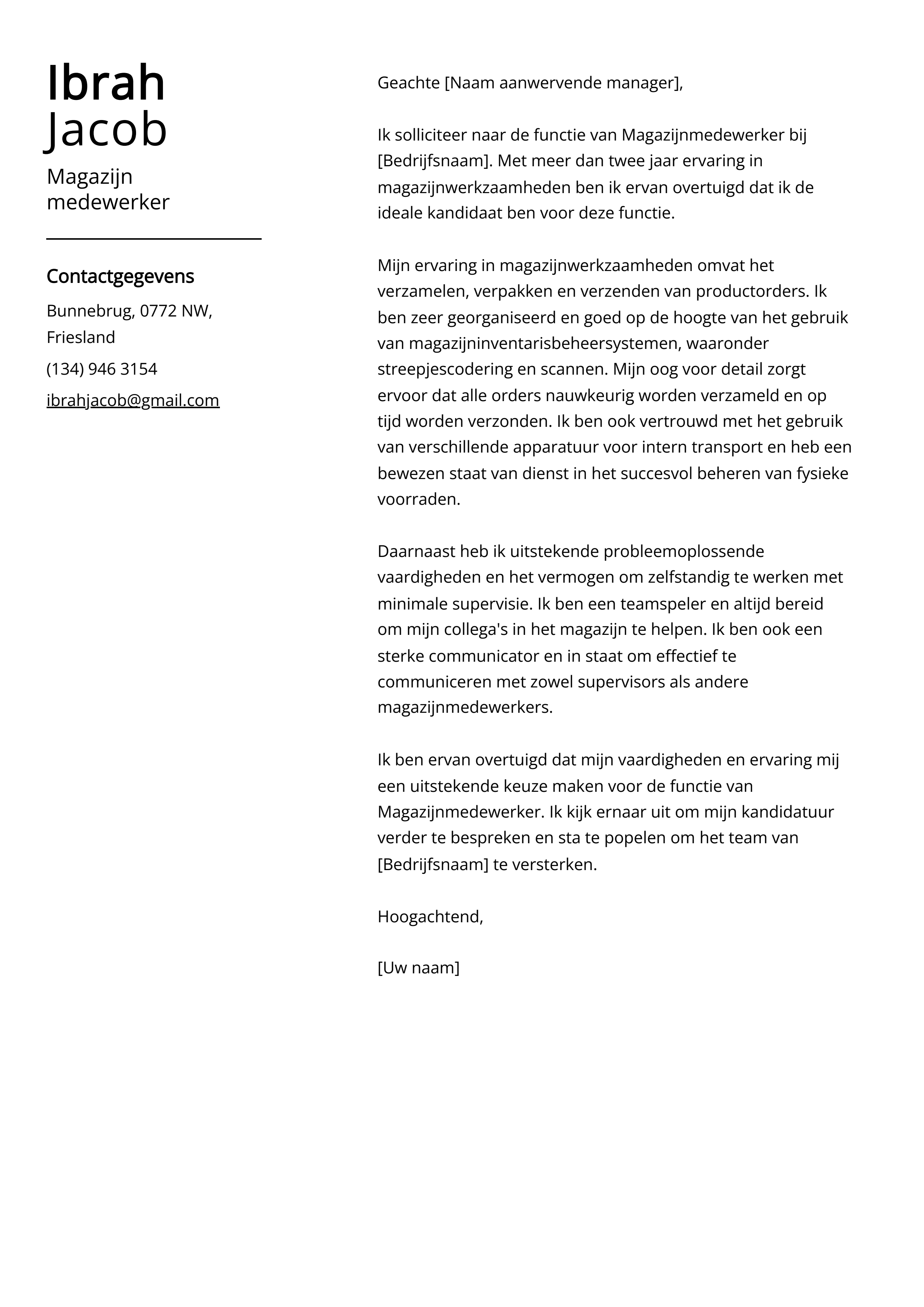 Magazijn medewerker Cover Letter Voorbeeld