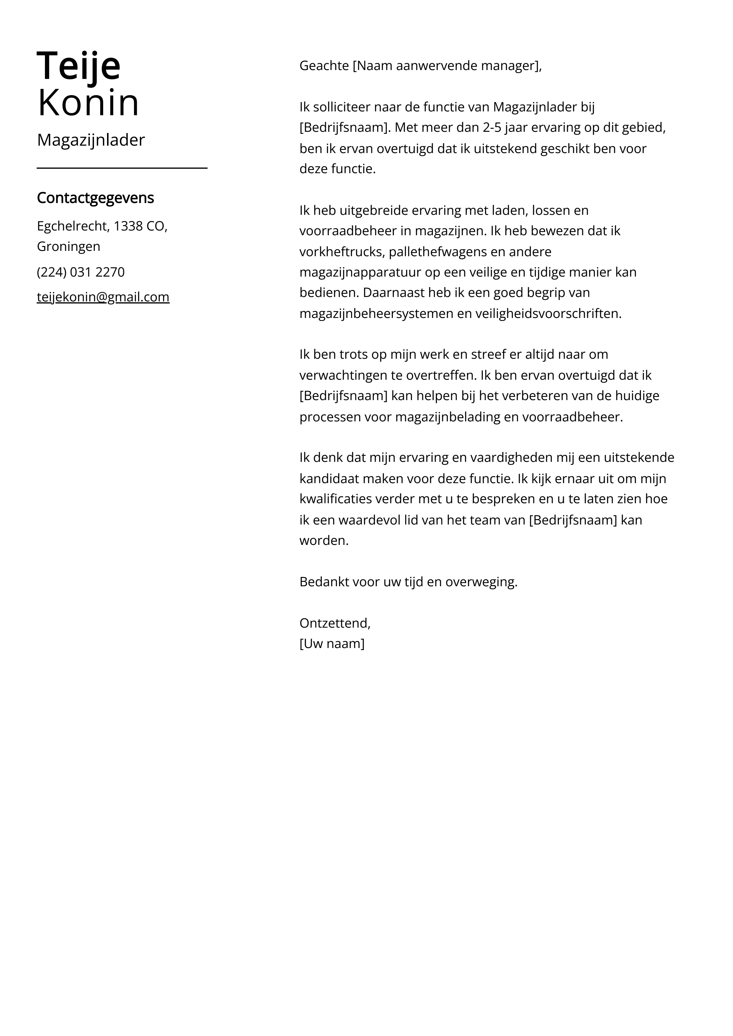 Magazijnlader sollicitatiebrief voorbeeld