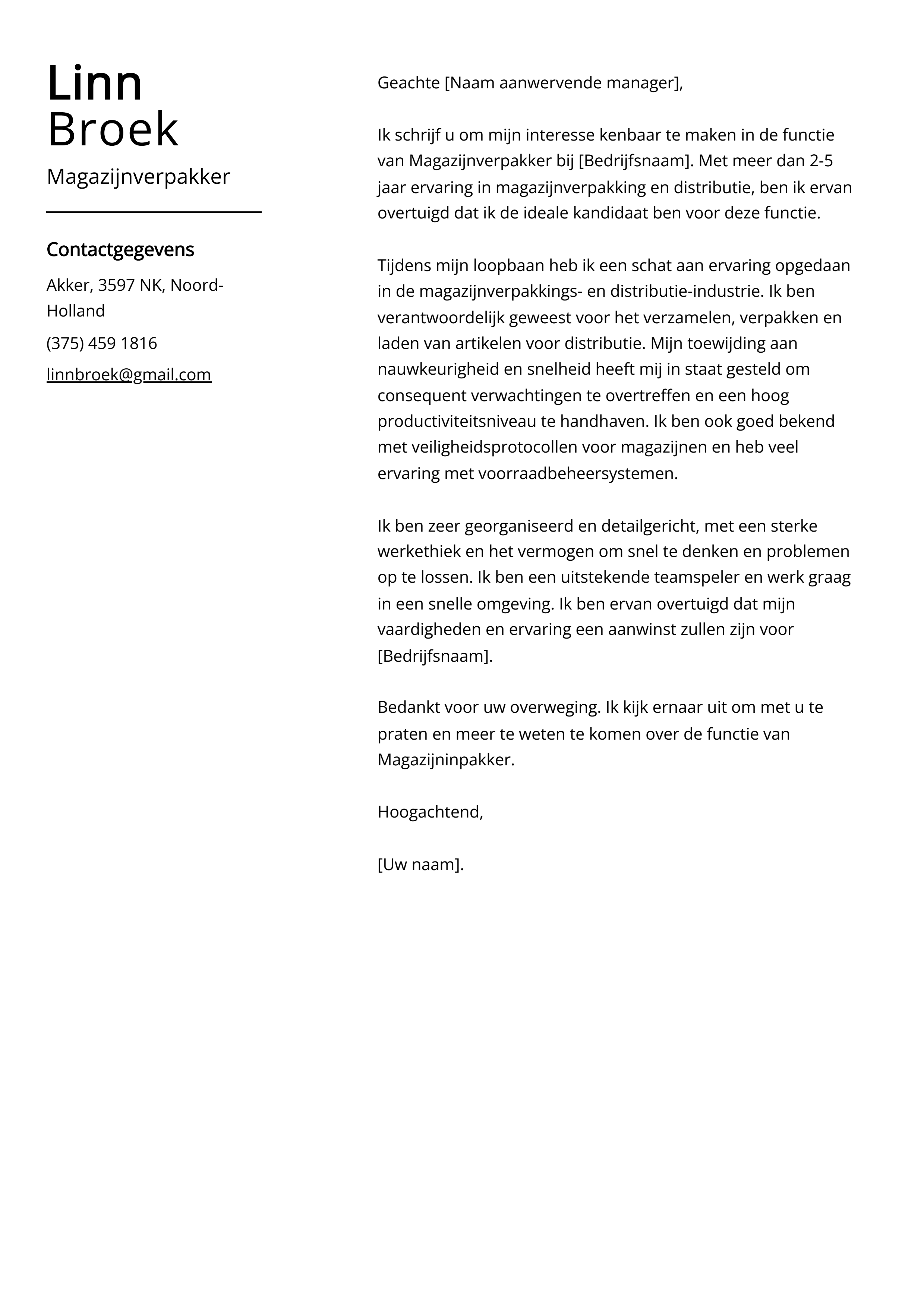 Magazijnverpakker Sollicitatiebrief Voorbeeld