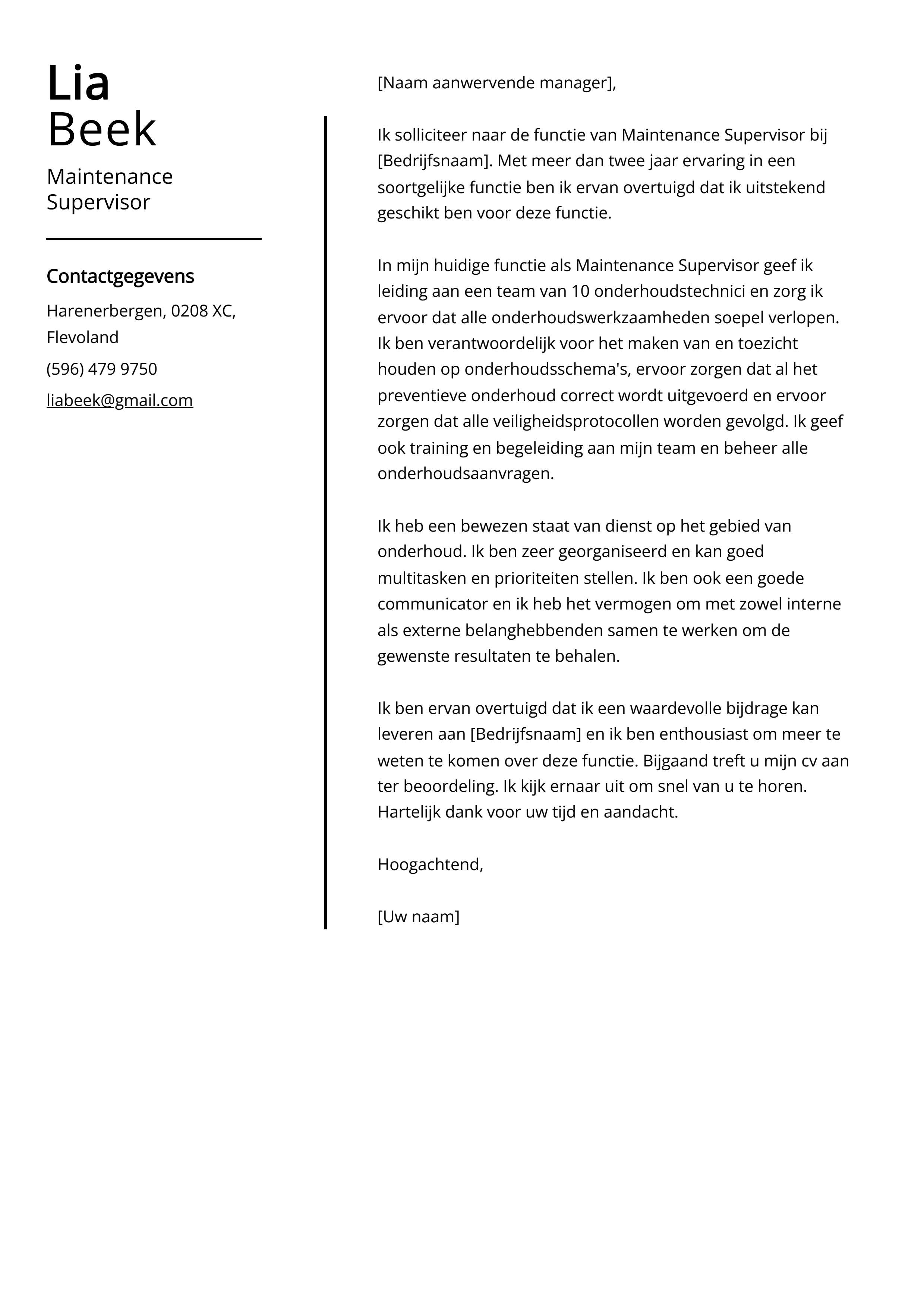 Maintenance Supervisor Voorbeeld sollicitatiebrief