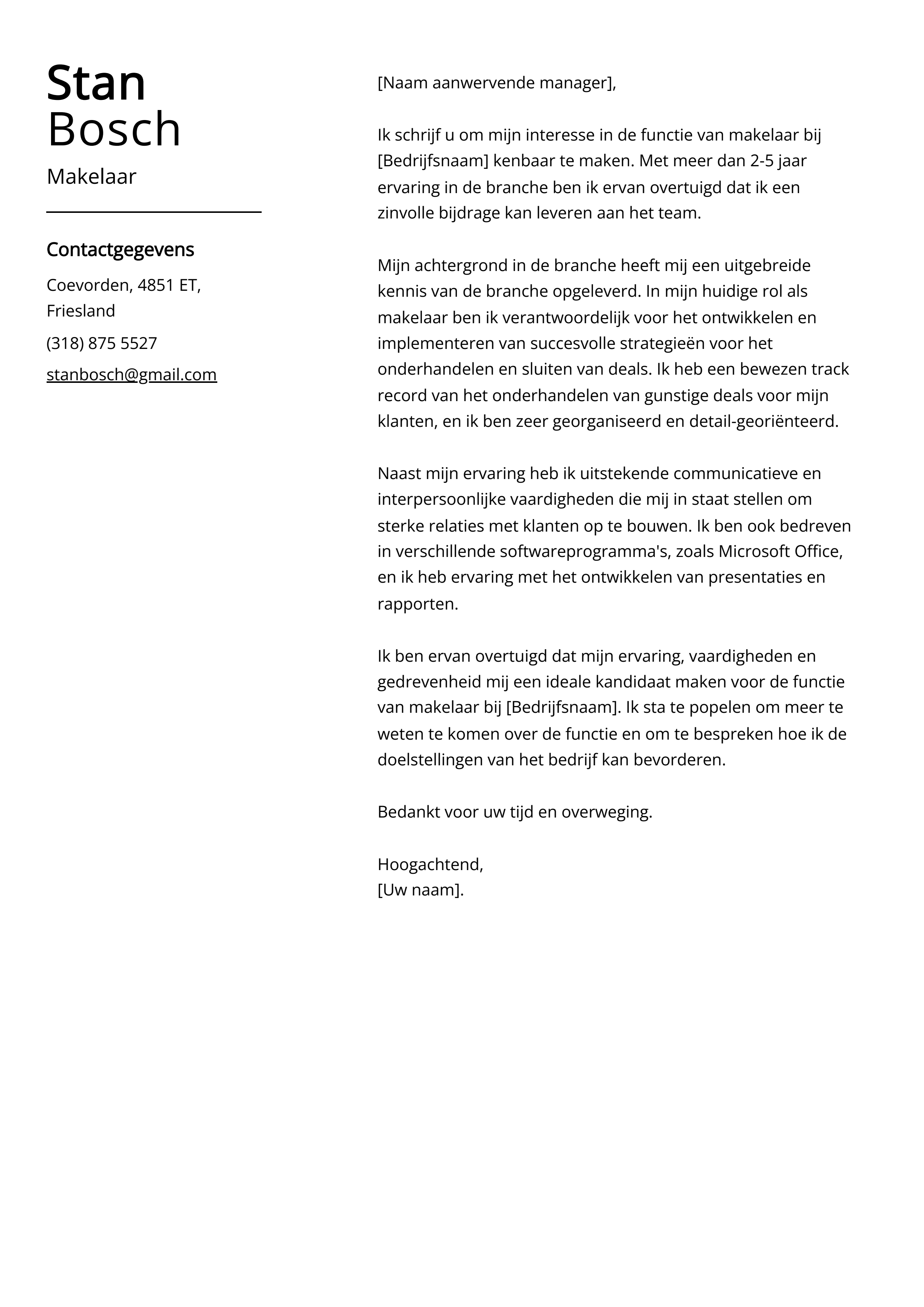 Makelaar sollicitatiebrief voorbeeld