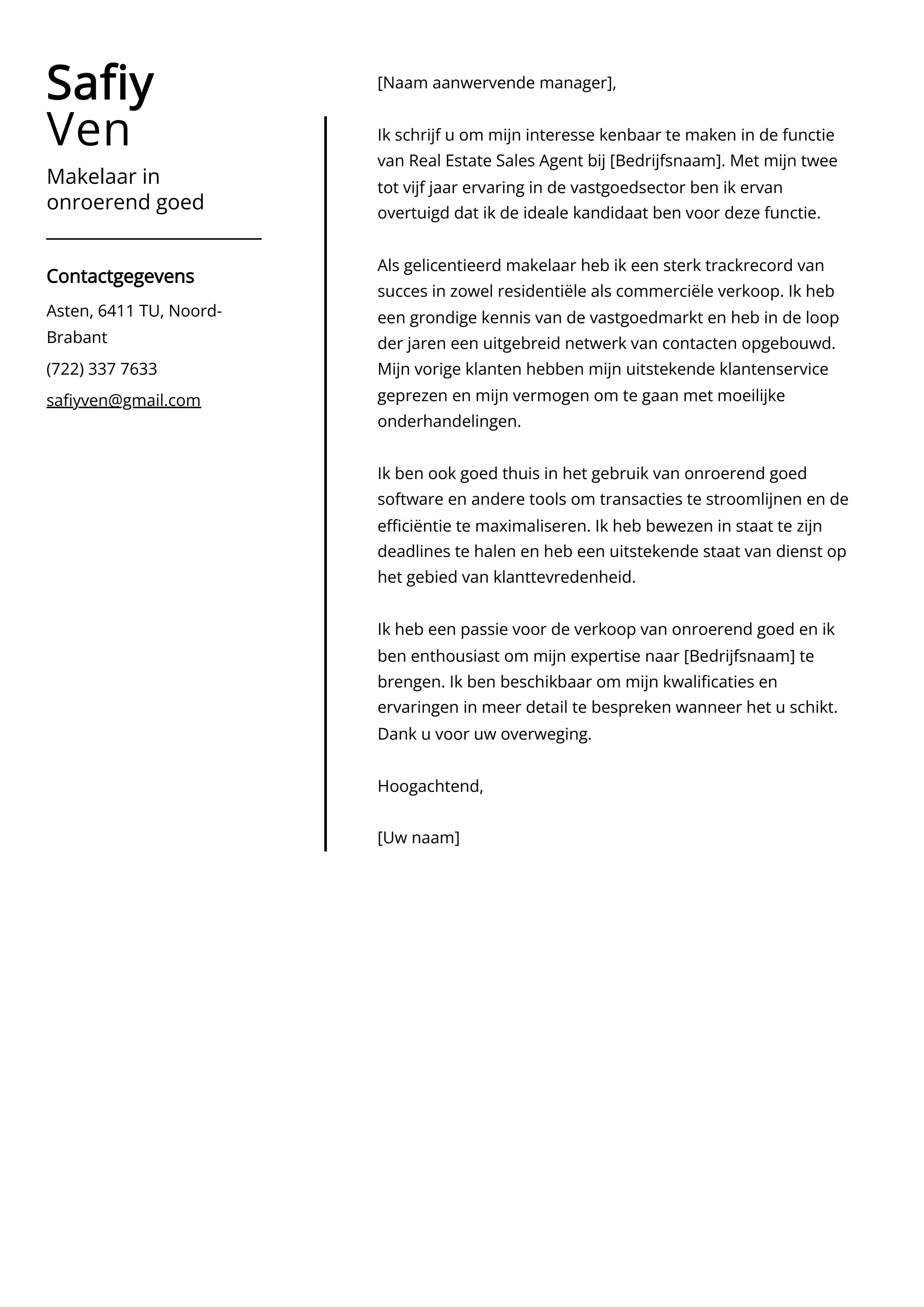 Makelaar in onroerend goed Sollicitatiebrief Voorbeeld