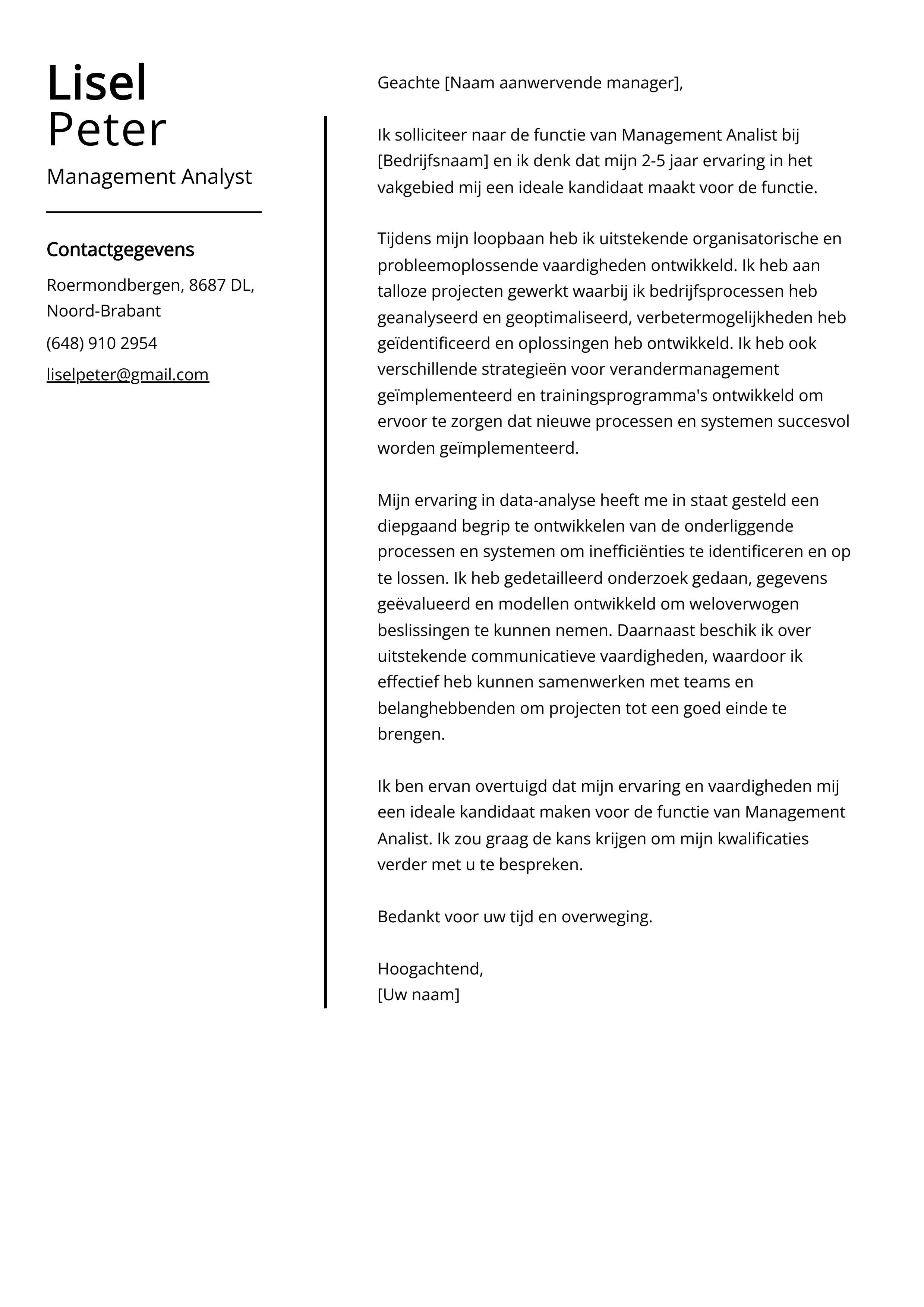 Management Analyst Voorbeeld sollicitatiebrief