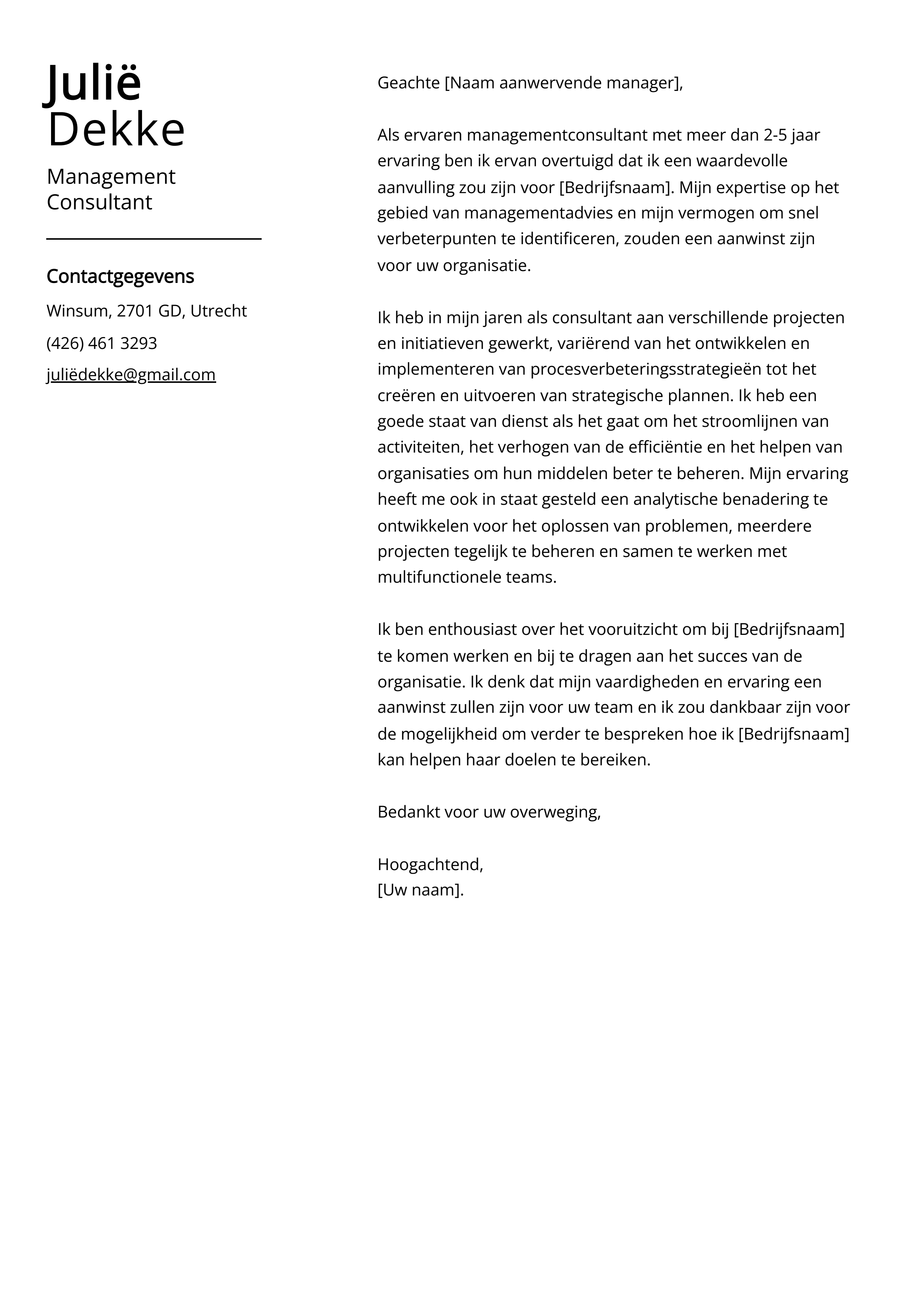 Management Consultant Voorbeeld sollicitatiebrief