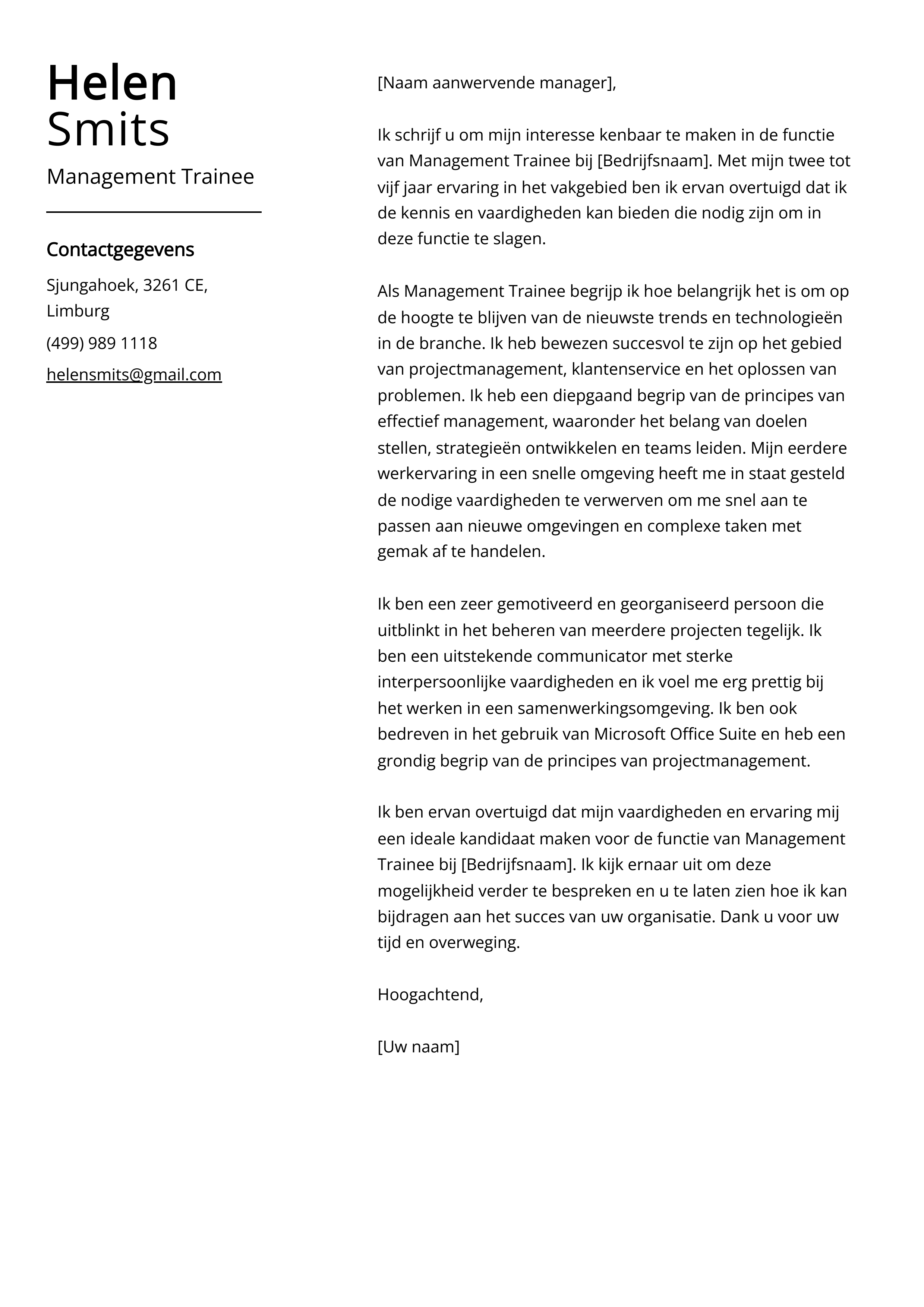 Management Trainee Voorbeeld sollicitatiebrief