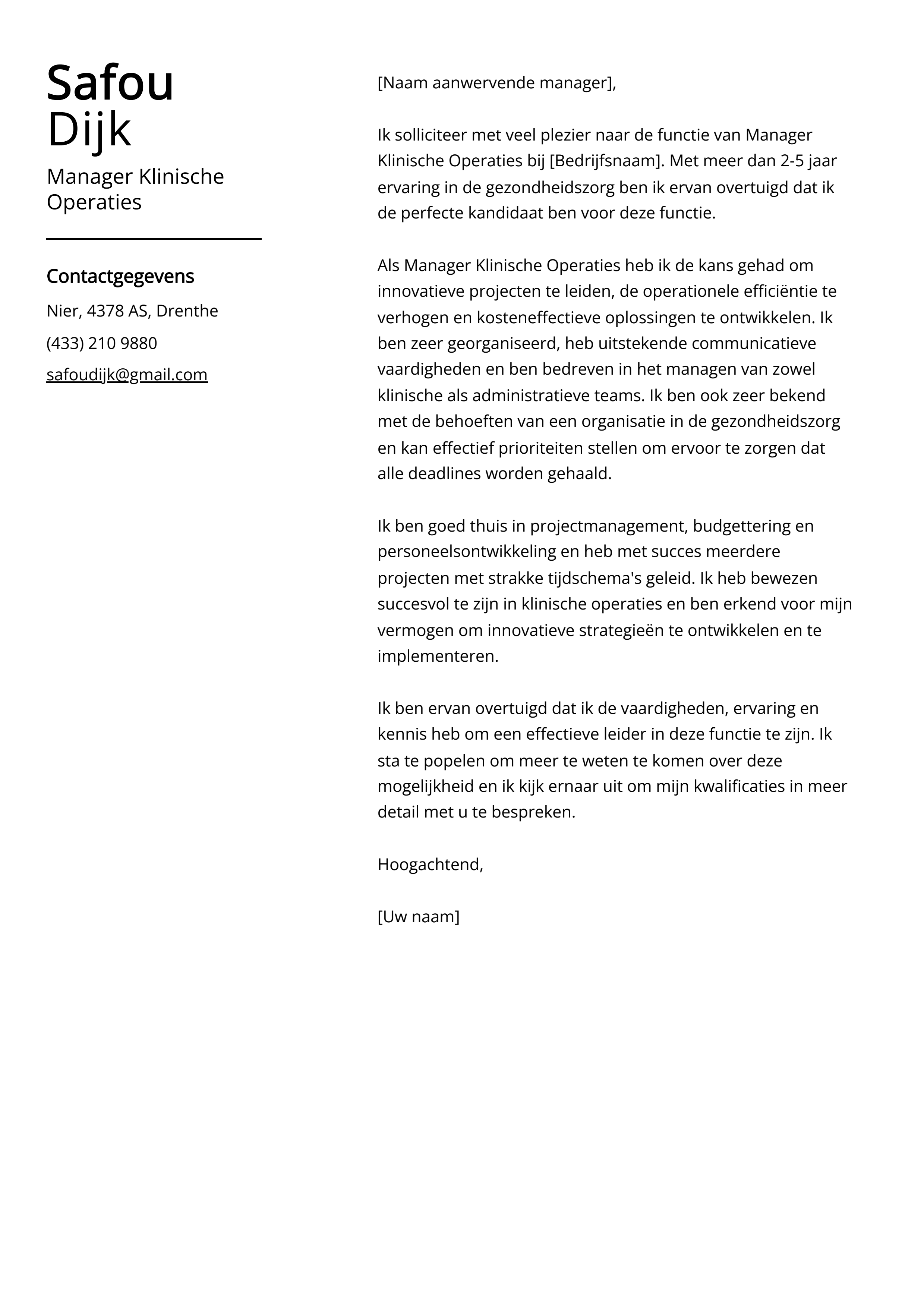 Manager Klinische Operaties Cover Letter Voorbeeld