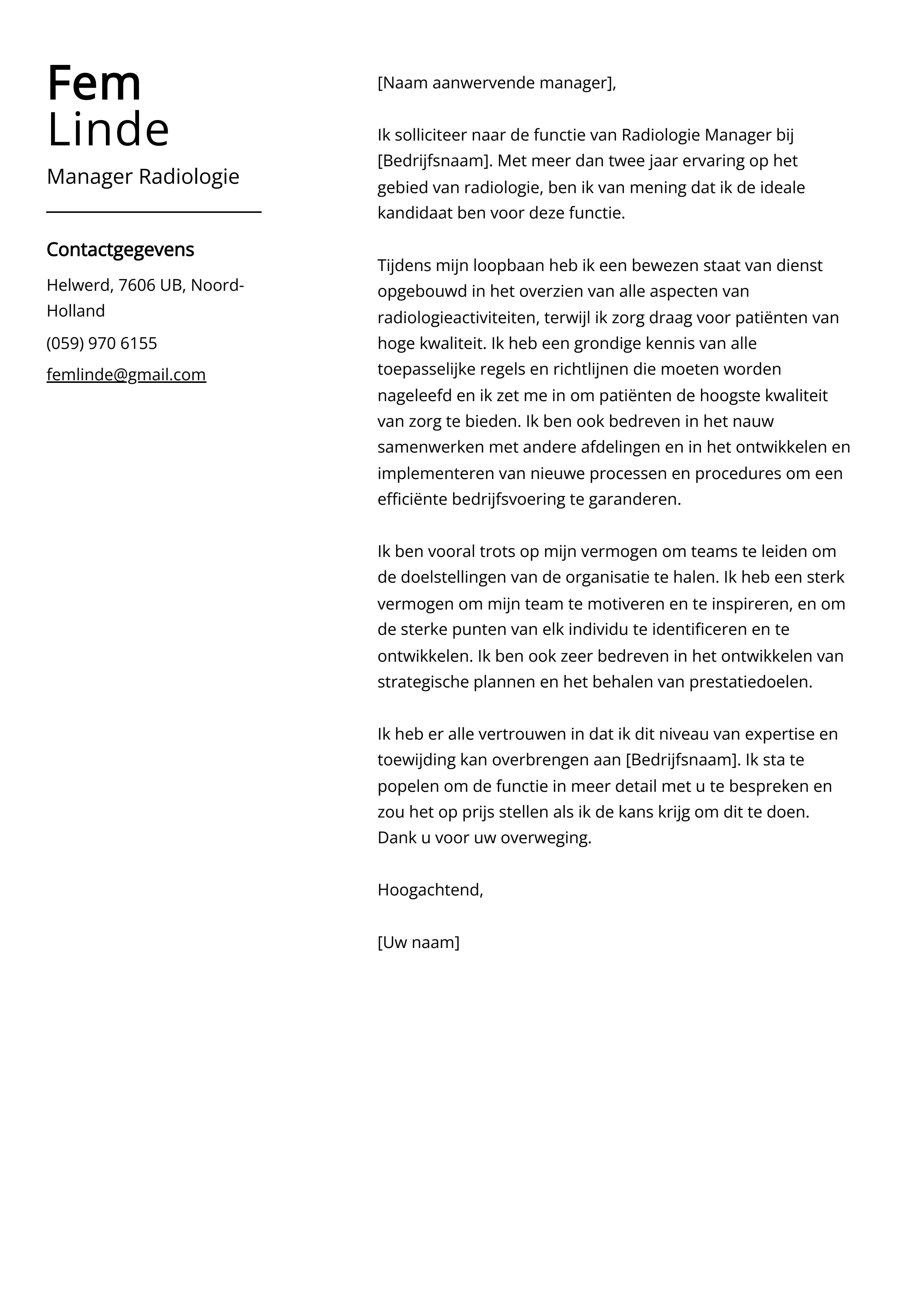 Radiologie Manager Sollicitatiebrief Voorbeeld