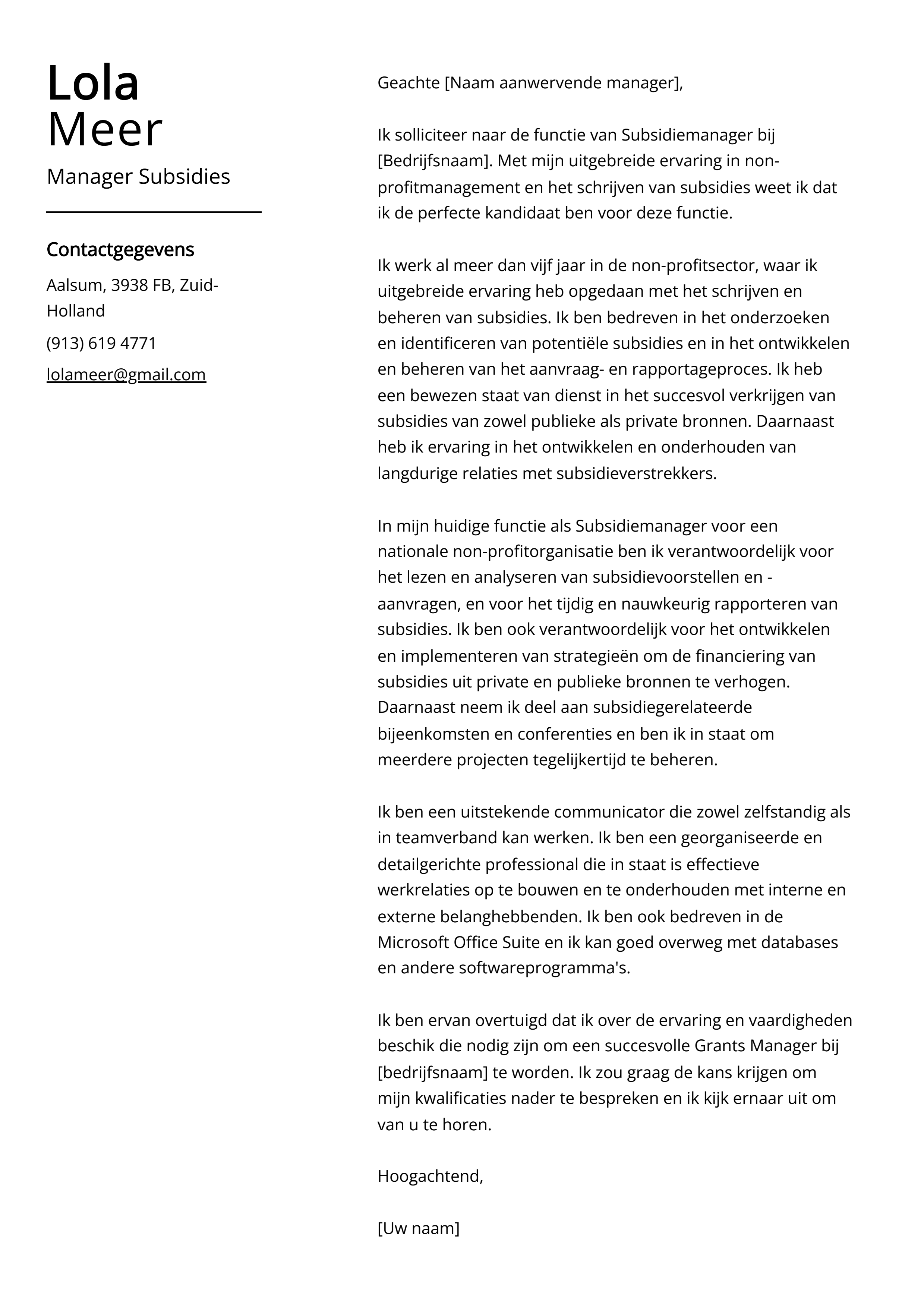 Manager Subsidies Voorbeeld sollicitatiebrief