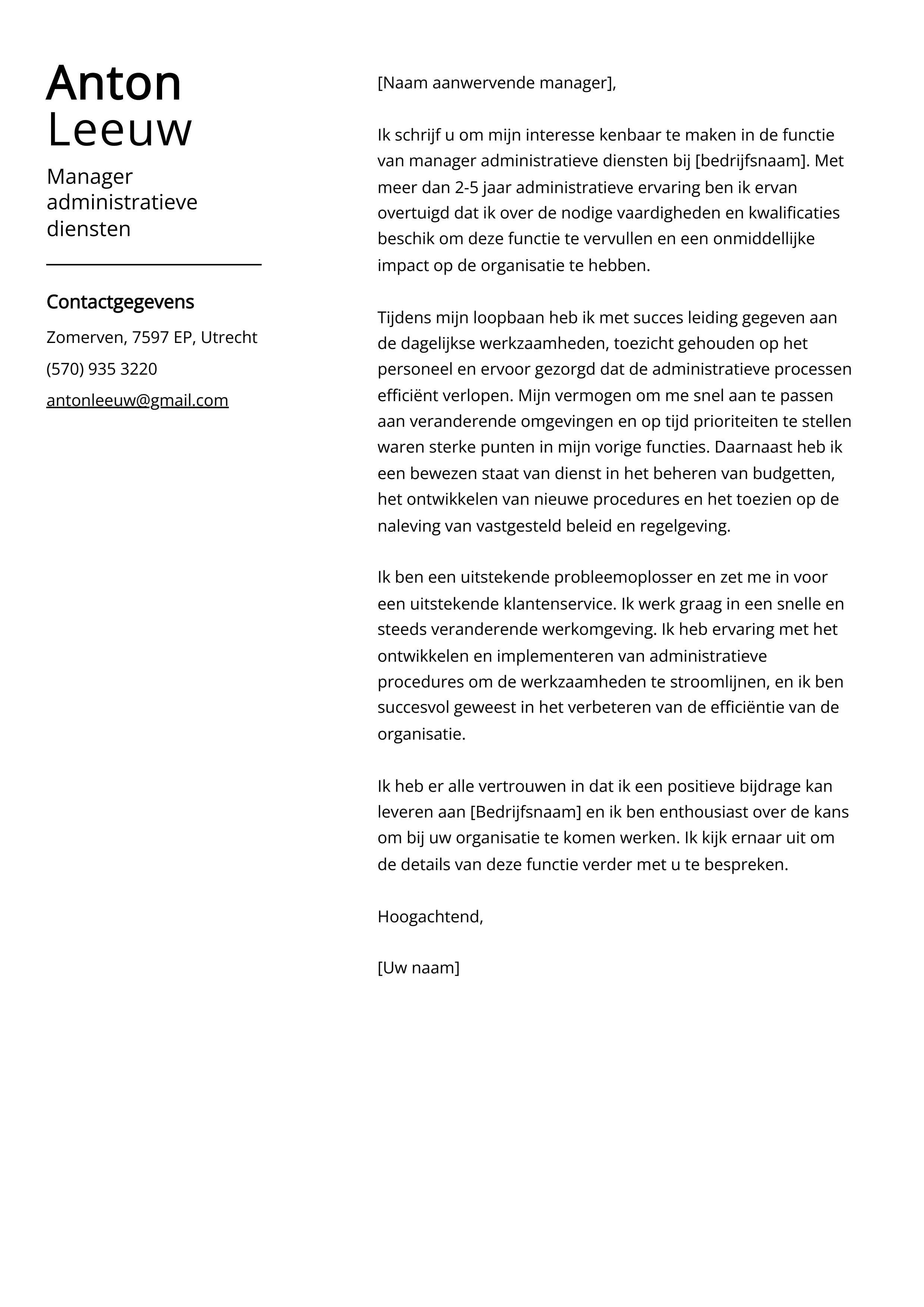 Manager administratieve diensten Cover Letter Voorbeeld