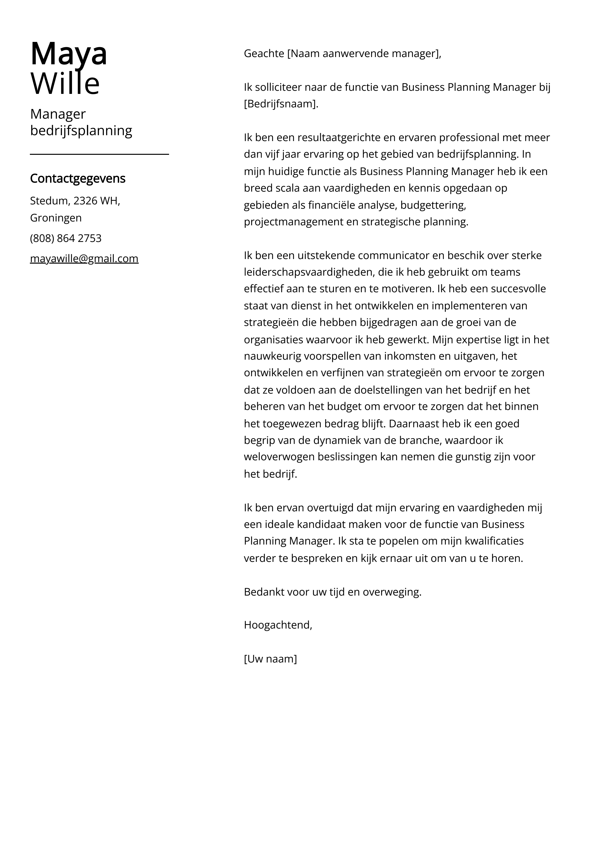 Manager bedrijfsplanning Cover Letter Voorbeeld