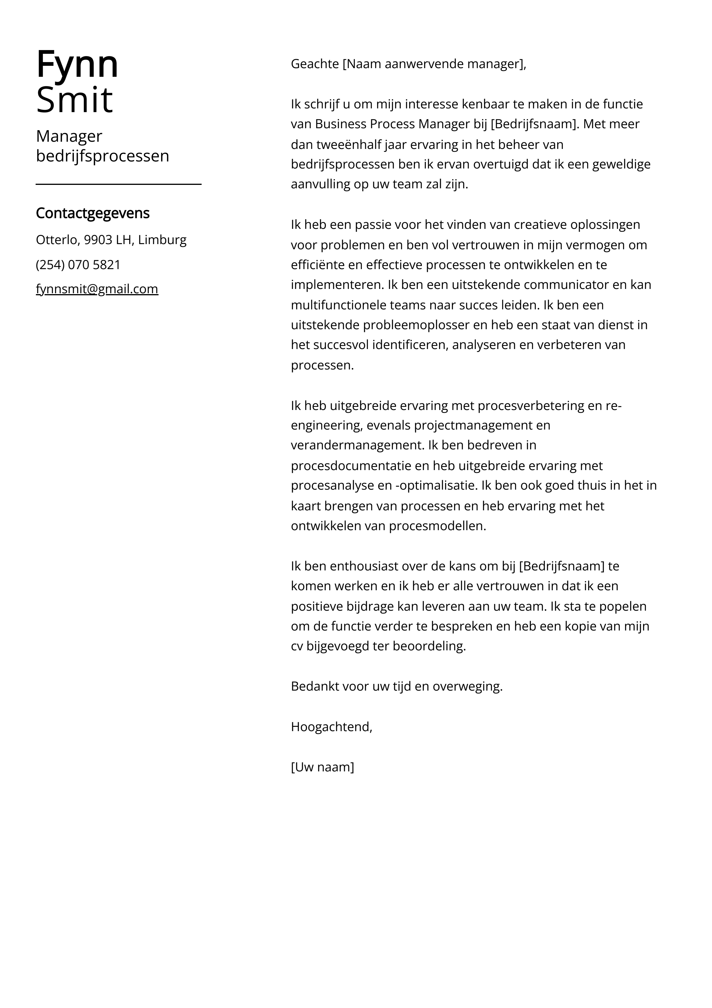 Manager bedrijfsprocessen Cover Letter Voorbeeld