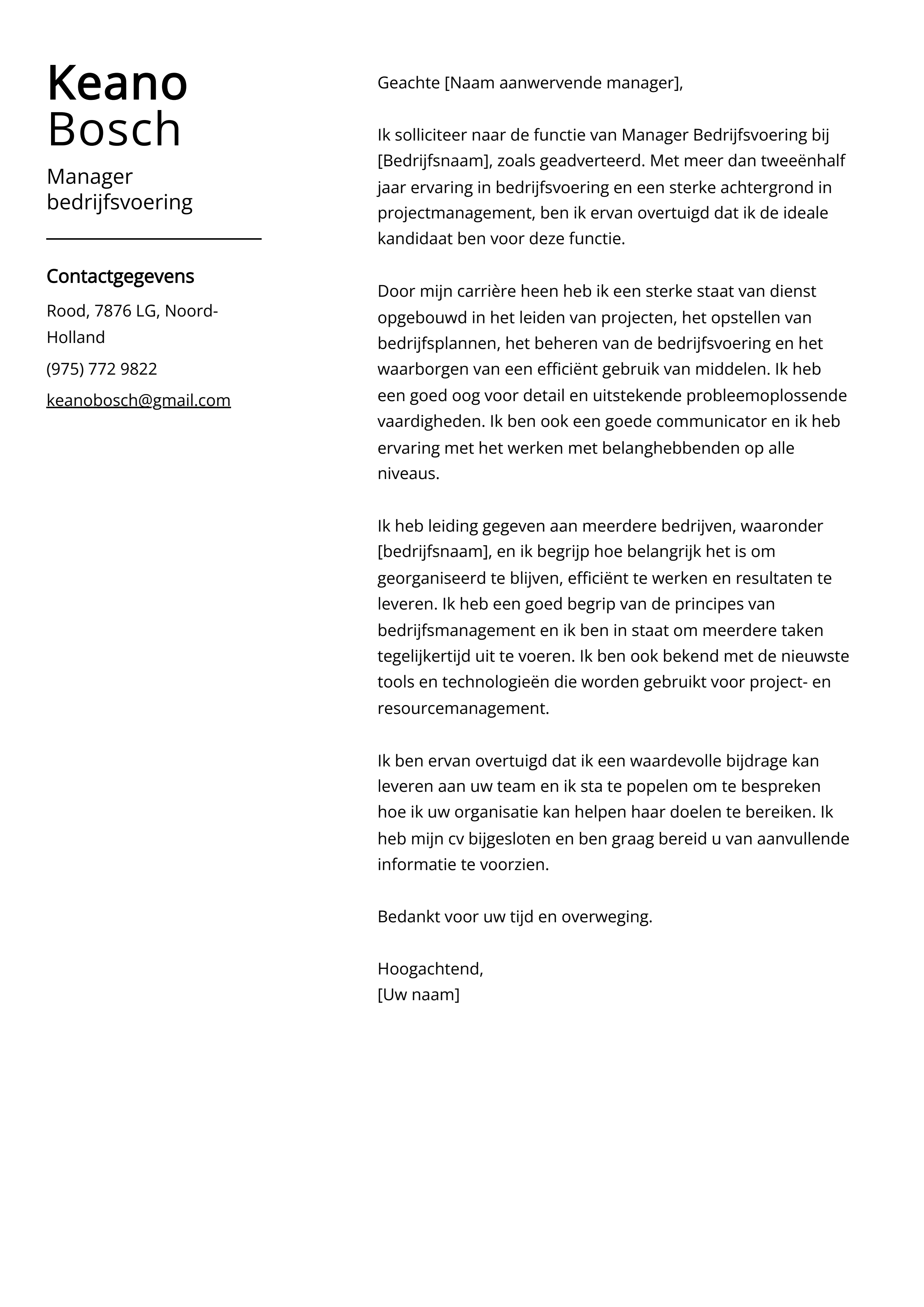 Manager bedrijfsvoering Cover Letter Voorbeeld