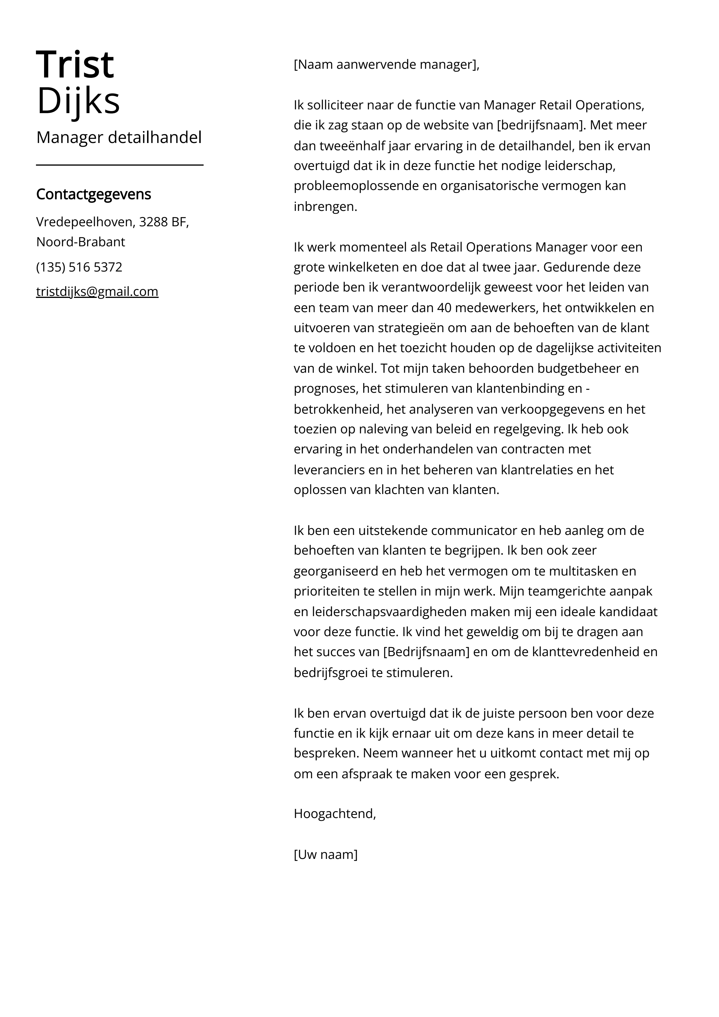 Manager detailhandel Cover Letter Voorbeeld