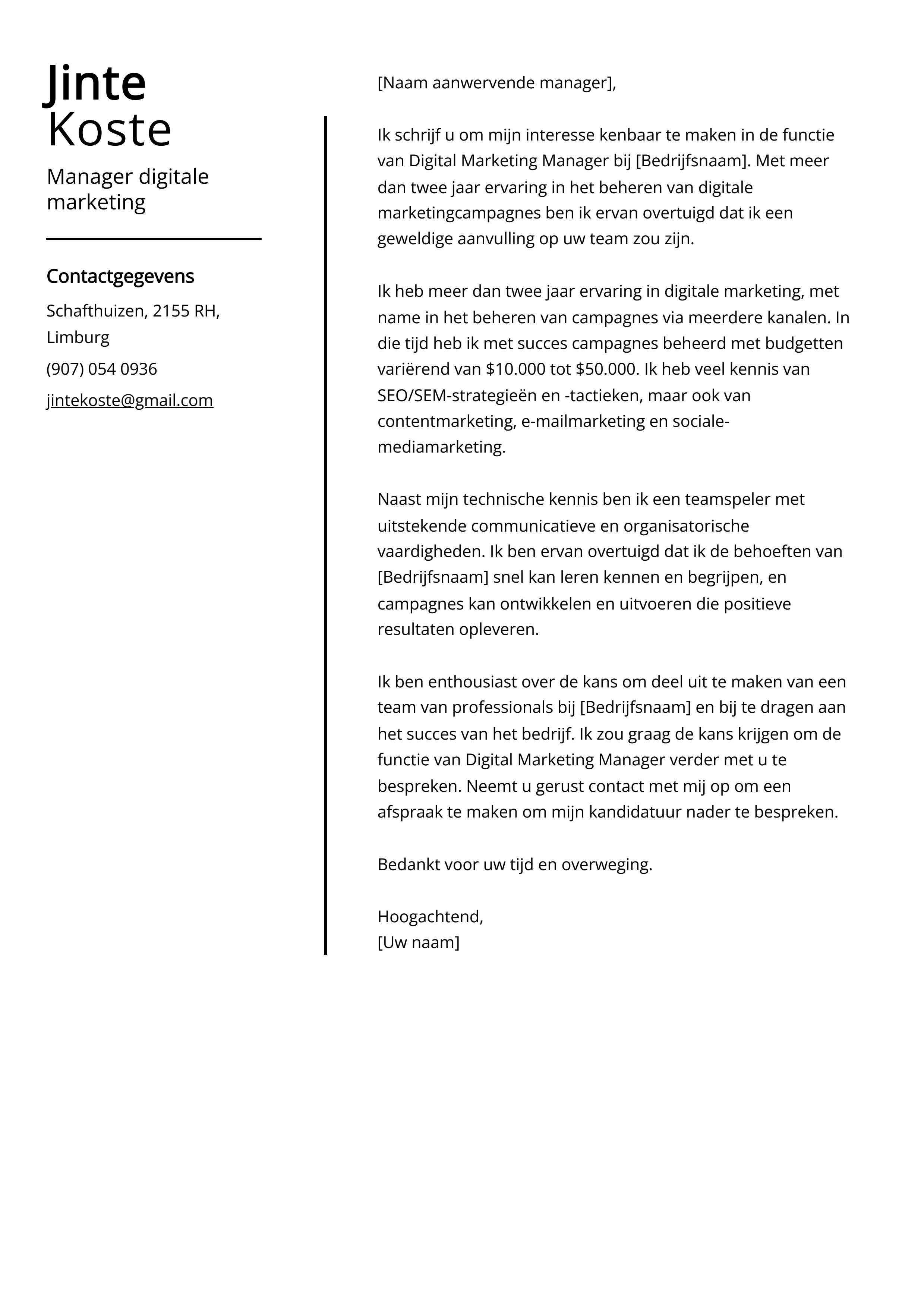 Manager digitale marketing Cover Letter Voorbeeld