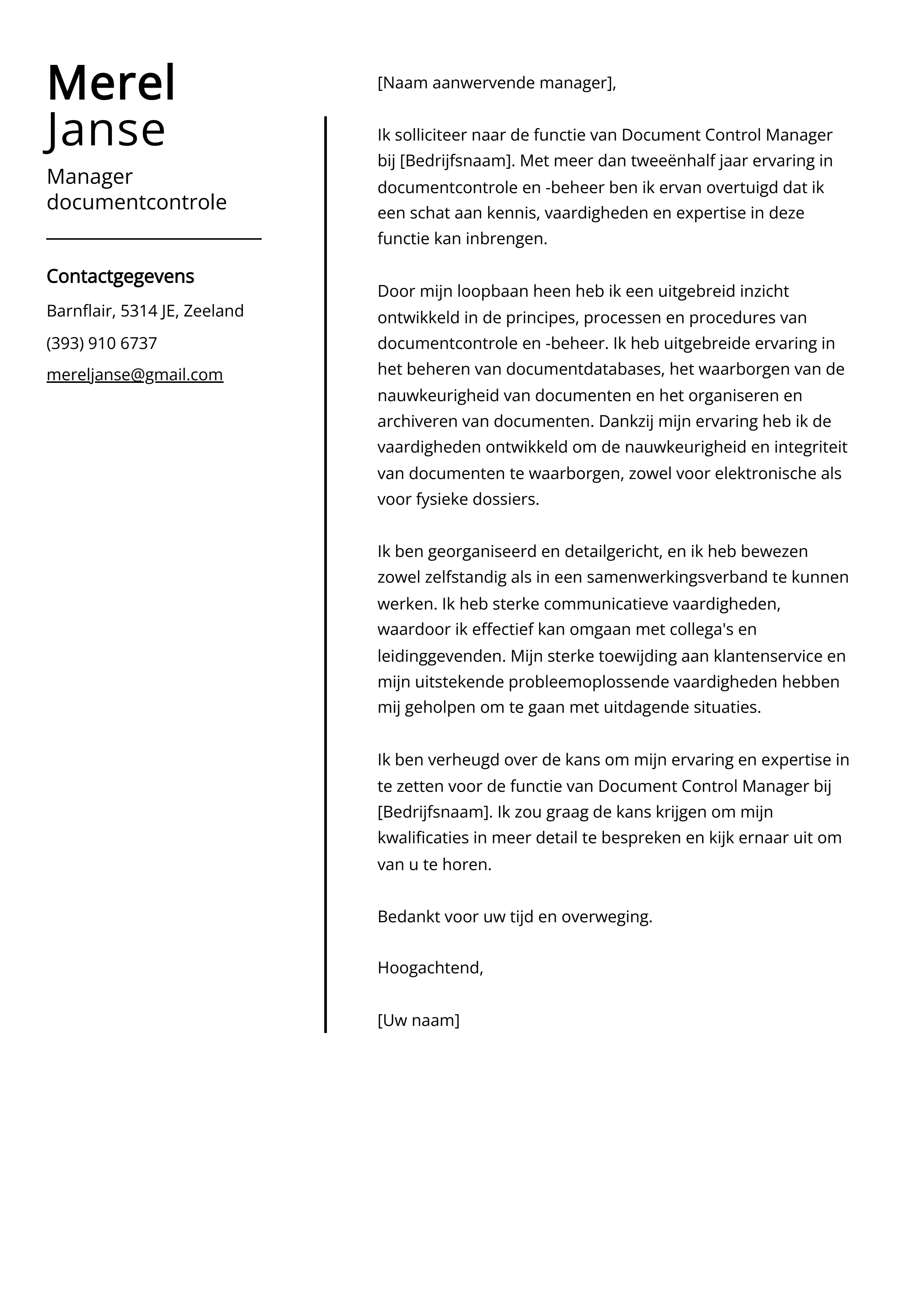 Manager documentcontrole Cover Letter Voorbeeld