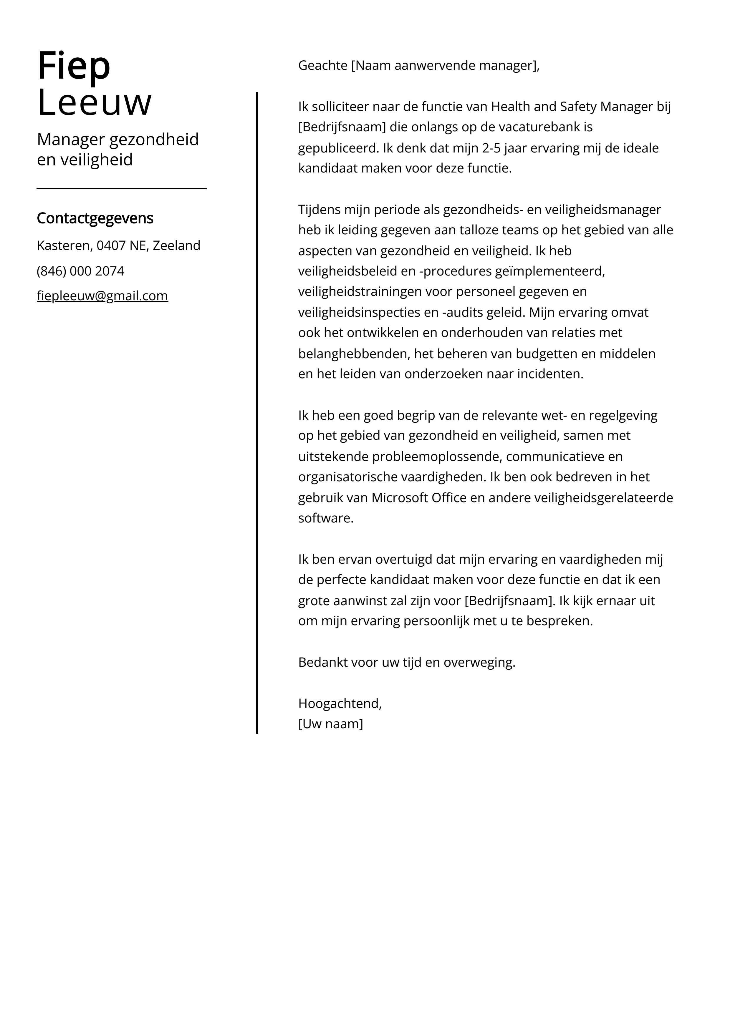 Voorbeeld sollicitatiebrief manager gezondheid en veiligheid