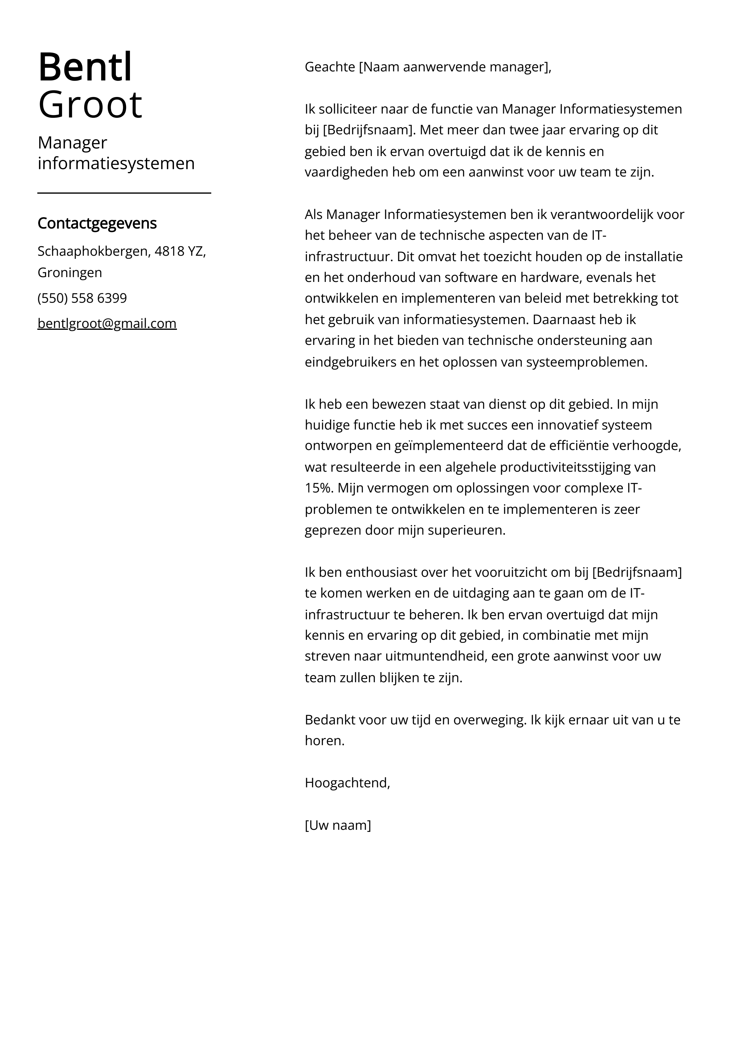 Manager informatiesystemen Voorbeeld sollicitatiebrief