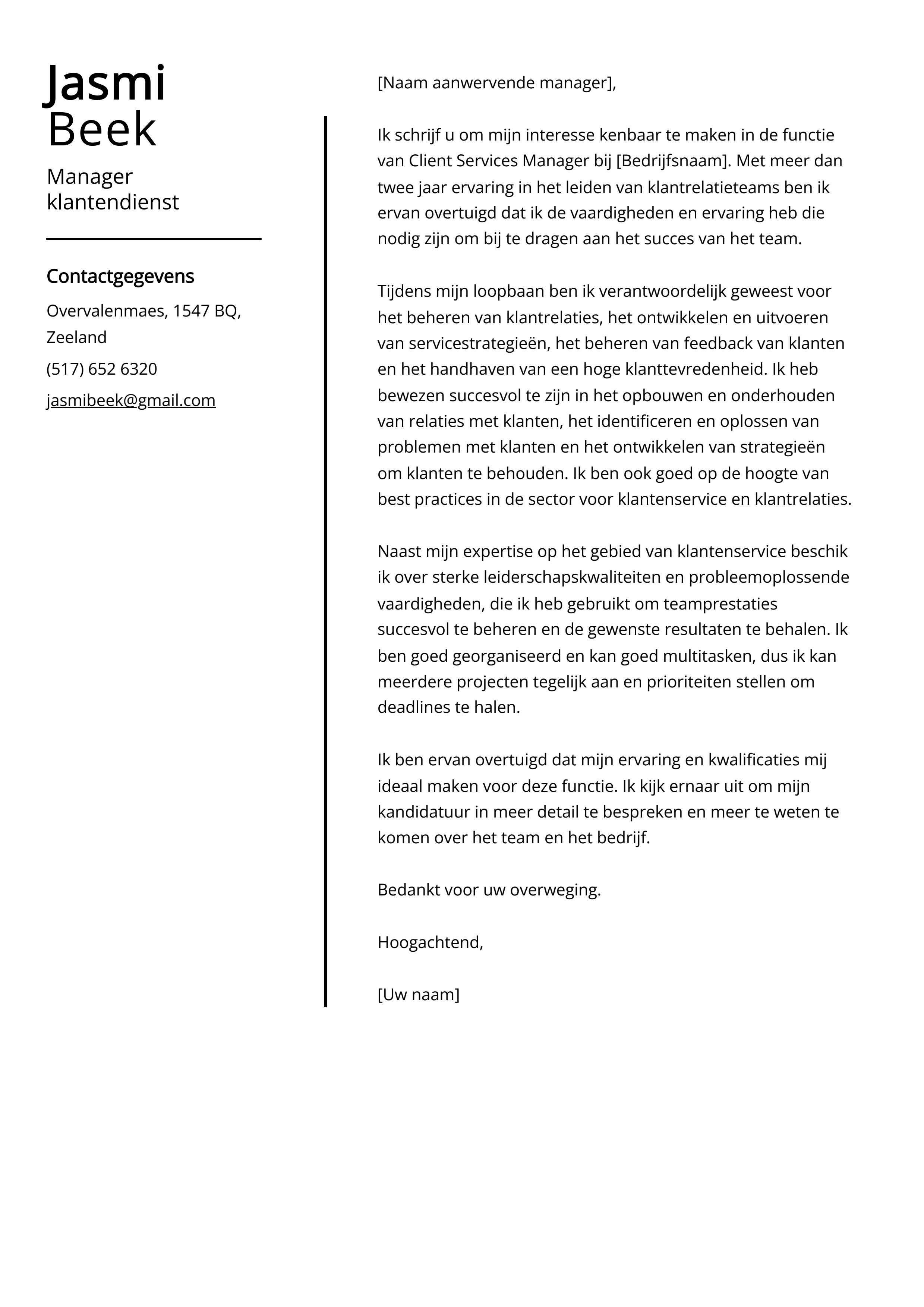 Manager klantendienst Sollicitatiebrief Voorbeeld