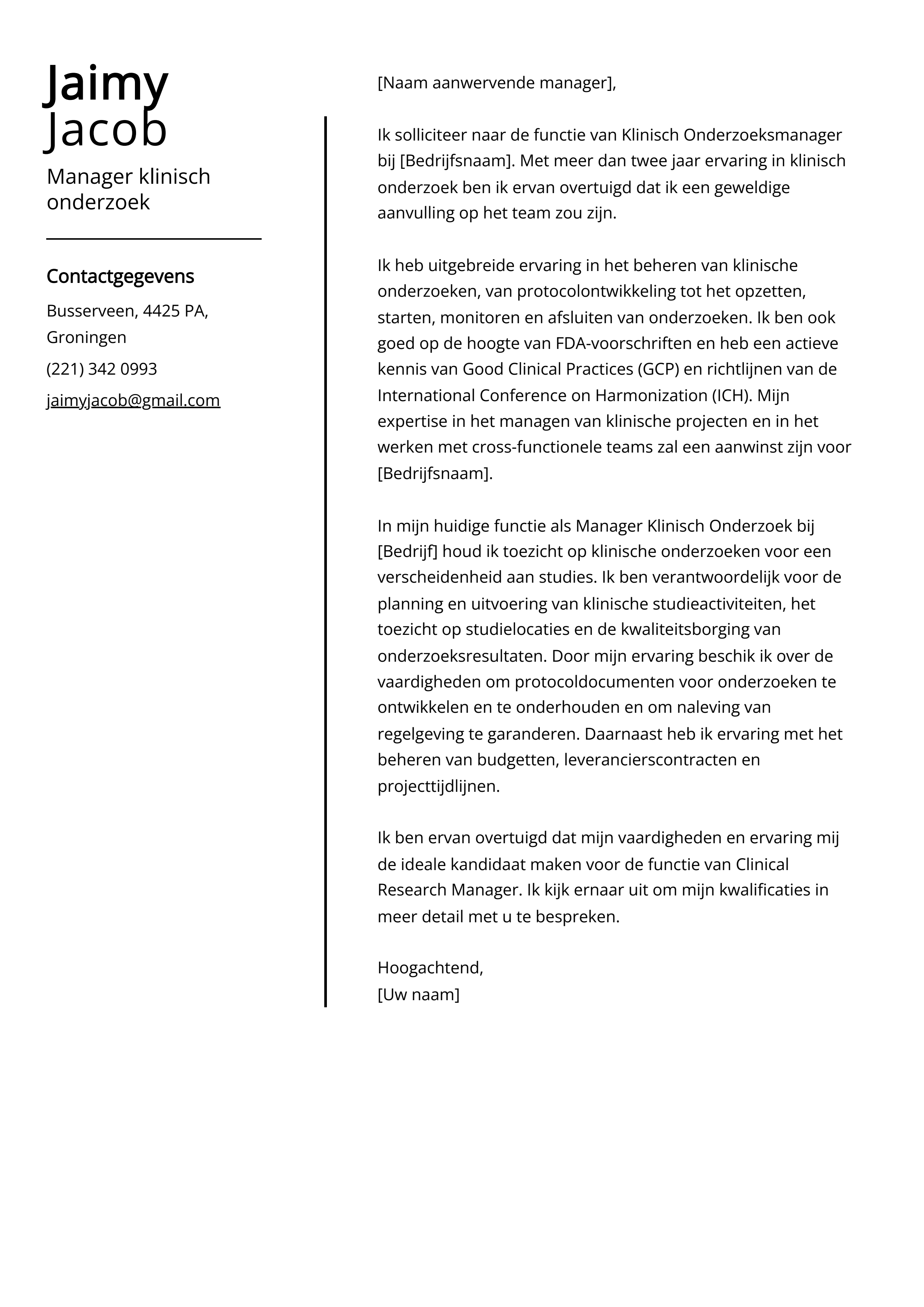 Manager klinisch onderzoek Cover Letter Voorbeeld