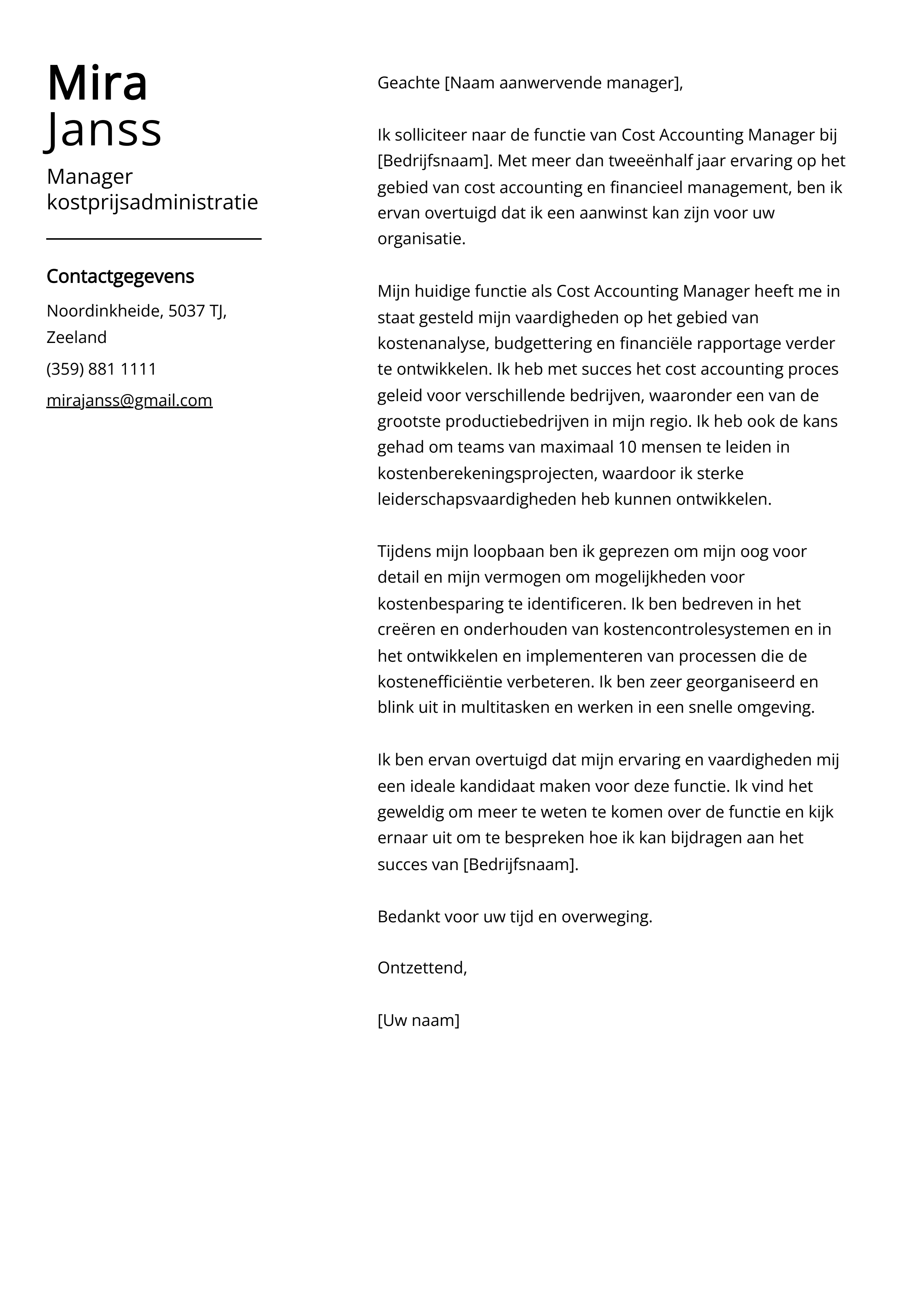 Manager kostprijsadministratie Voorbeeld sollicitatiebrief