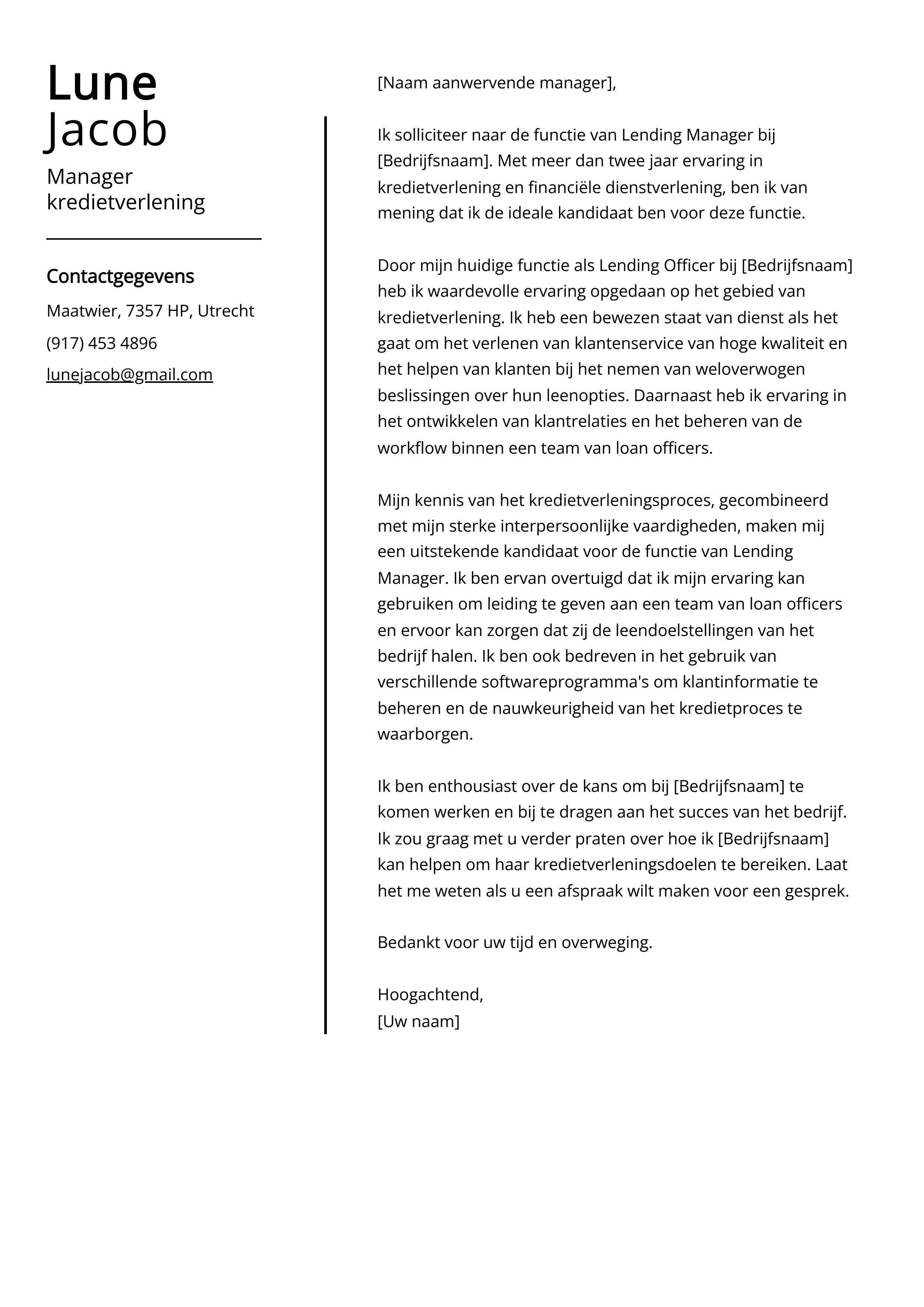 Manager kredietverlening Cover Letter Voorbeeld