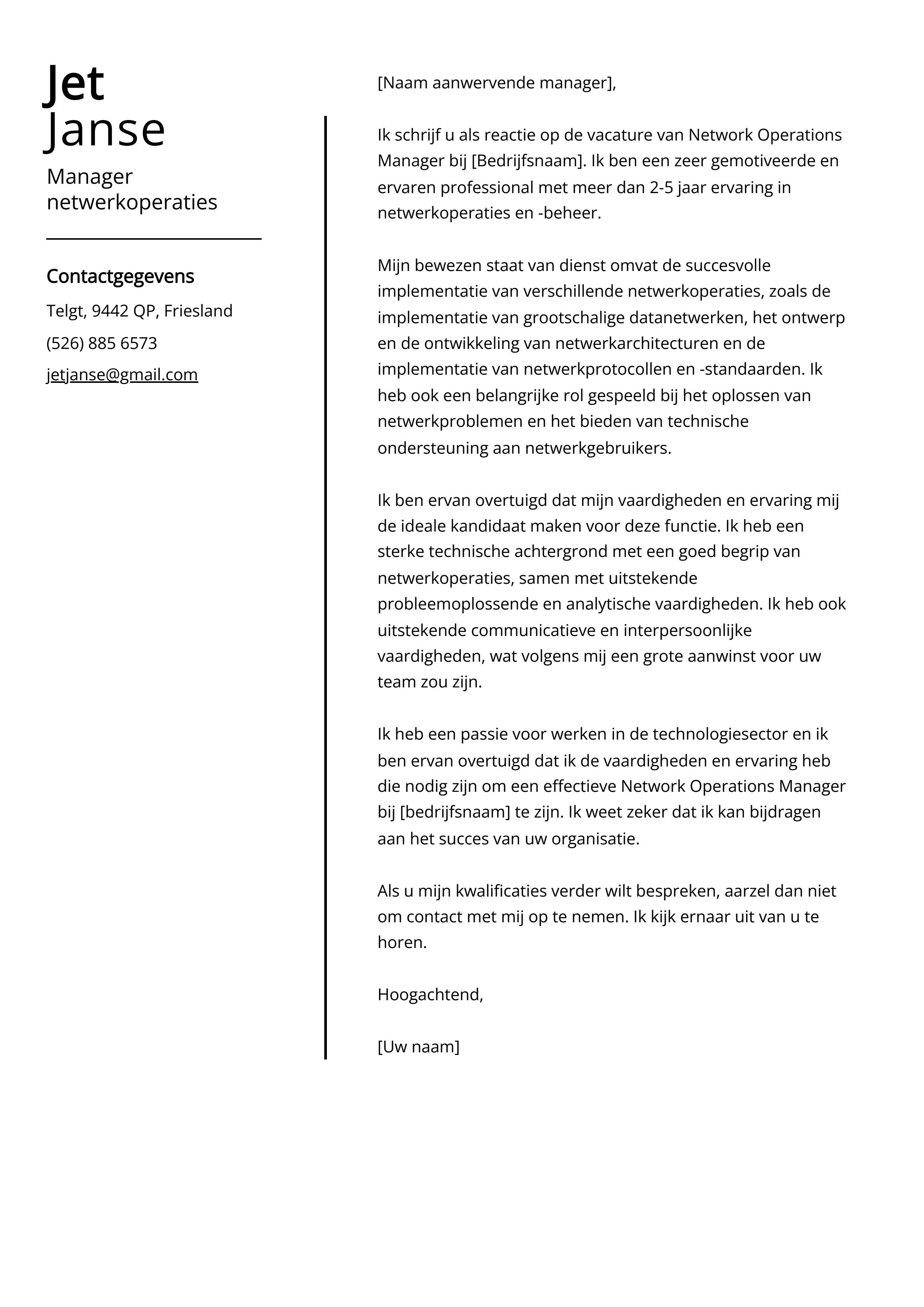 Manager netwerkoperaties Cover Letter Voorbeeld