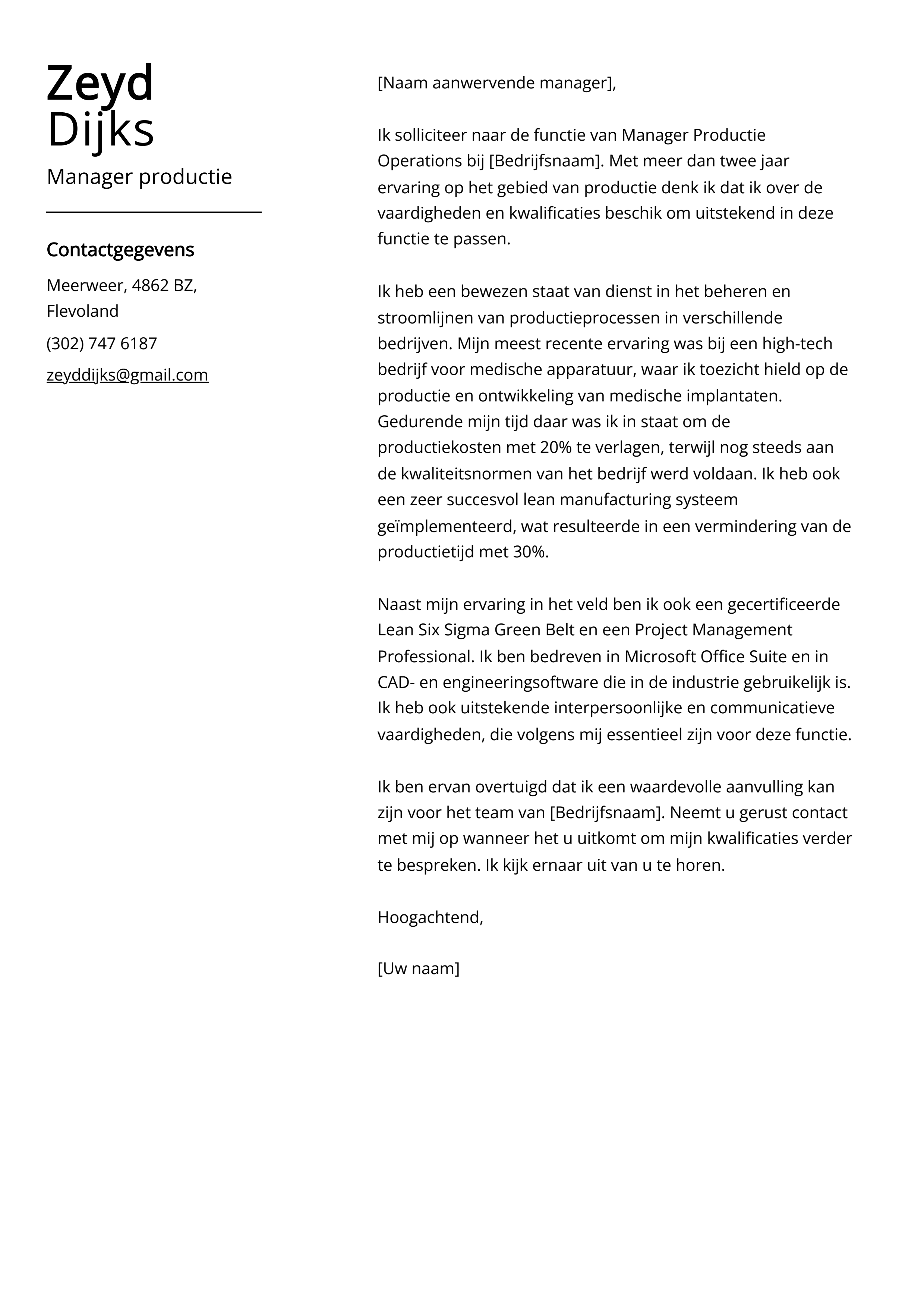 Manager productie Cover Letter Voorbeeld