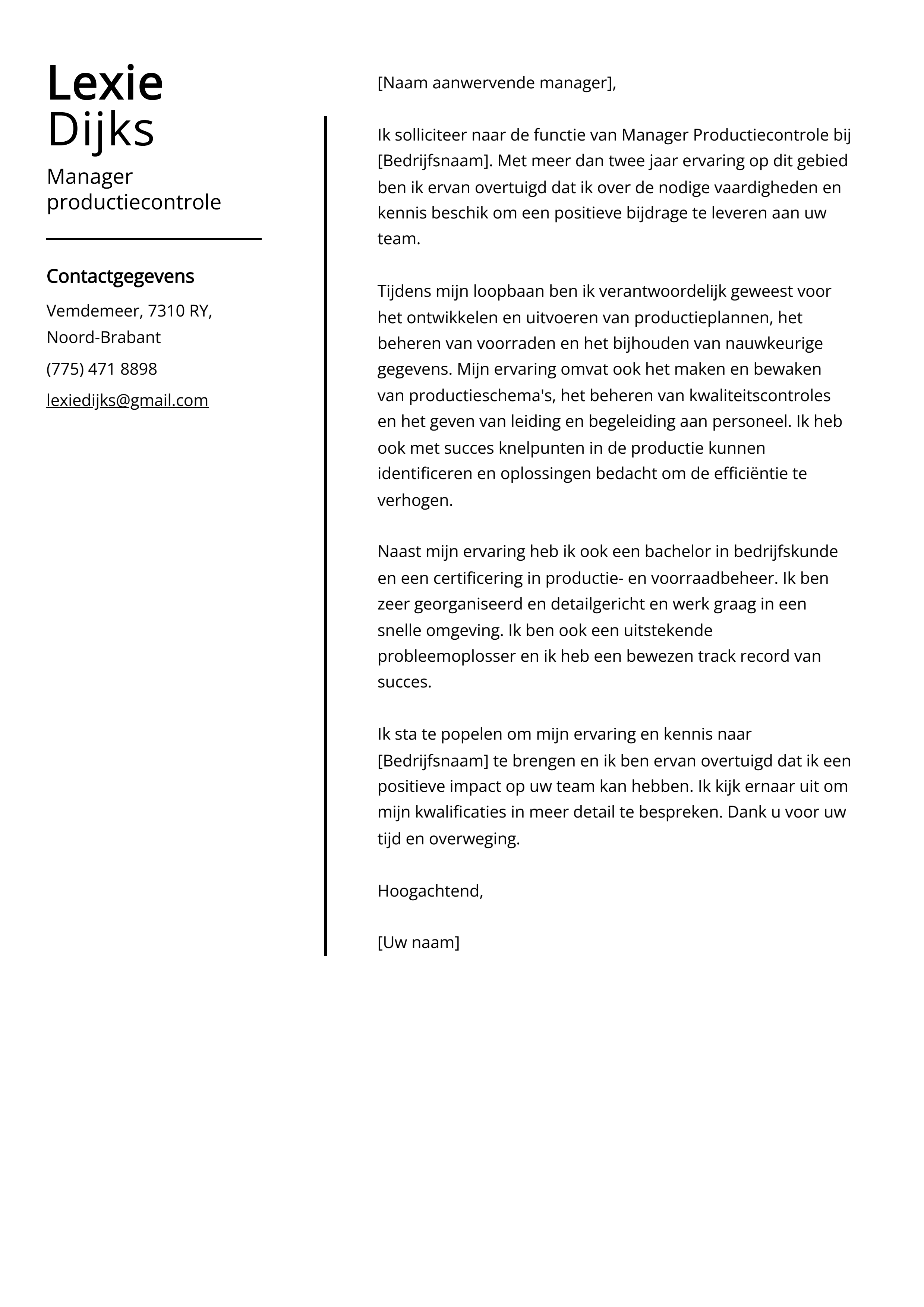 Manager productiecontrole Cover Letter Voorbeeld