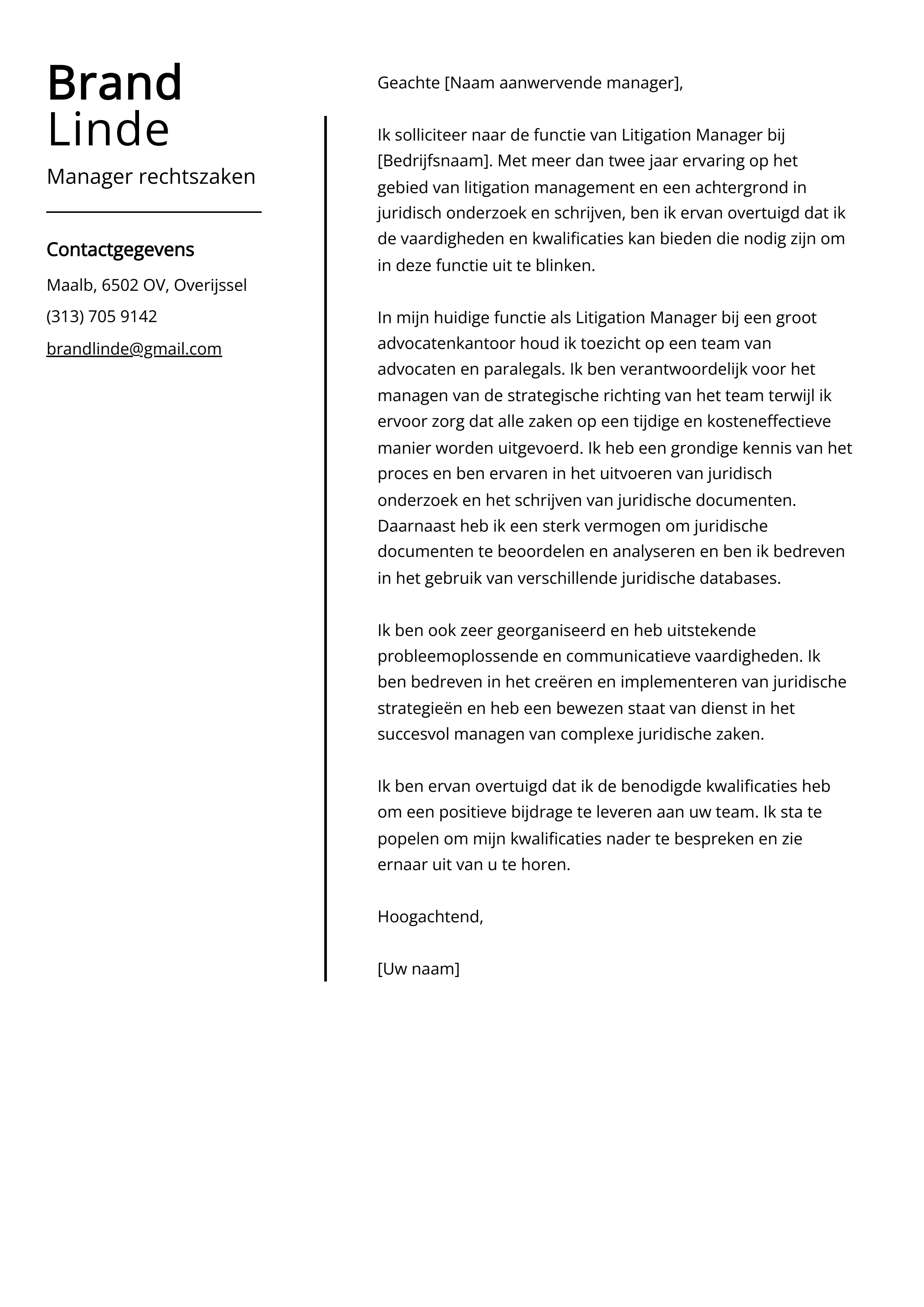 Manager rechtszaken Voorbeeld sollicitatiebrief