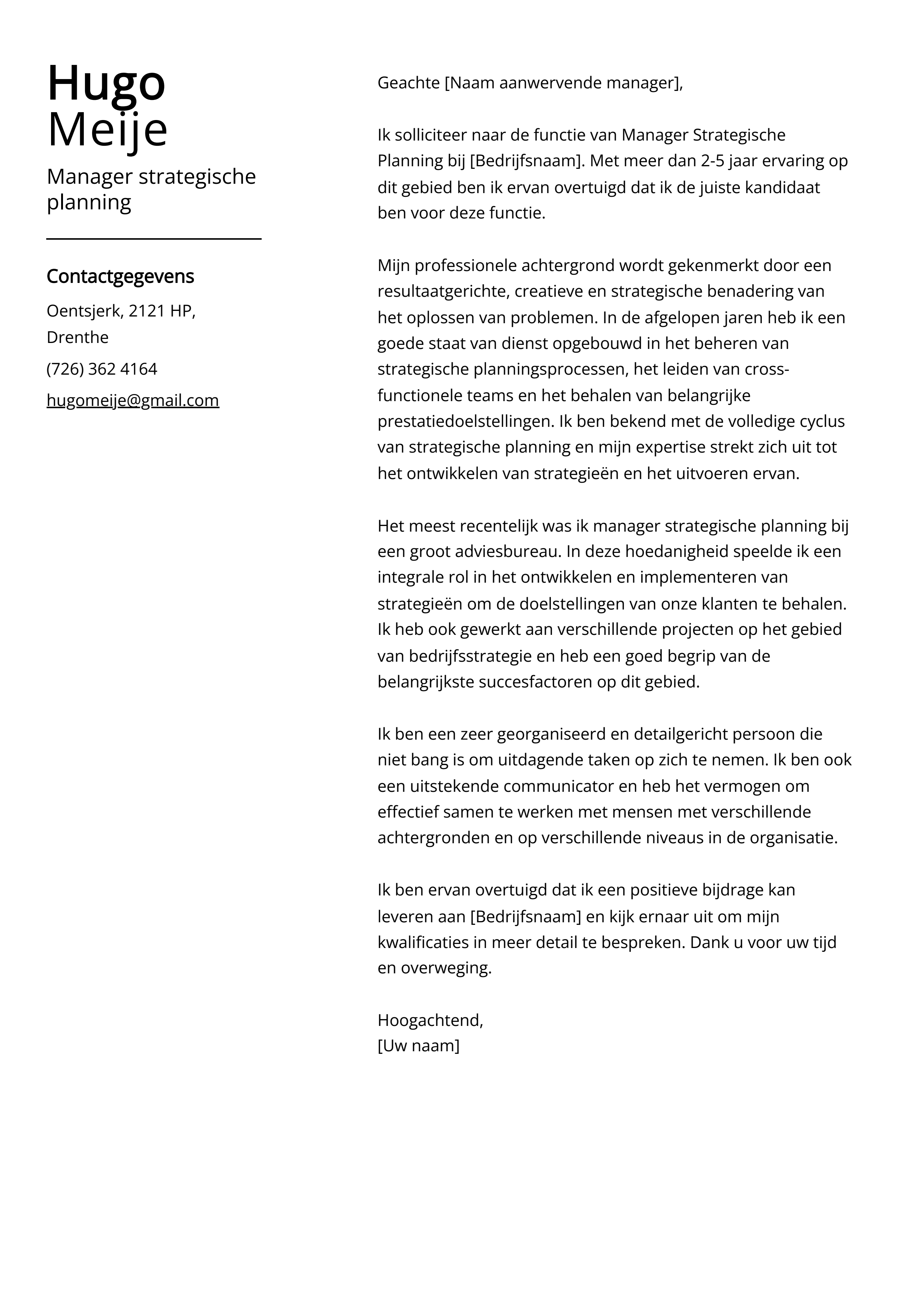 Manager strategische planning Cover Letter Voorbeeld