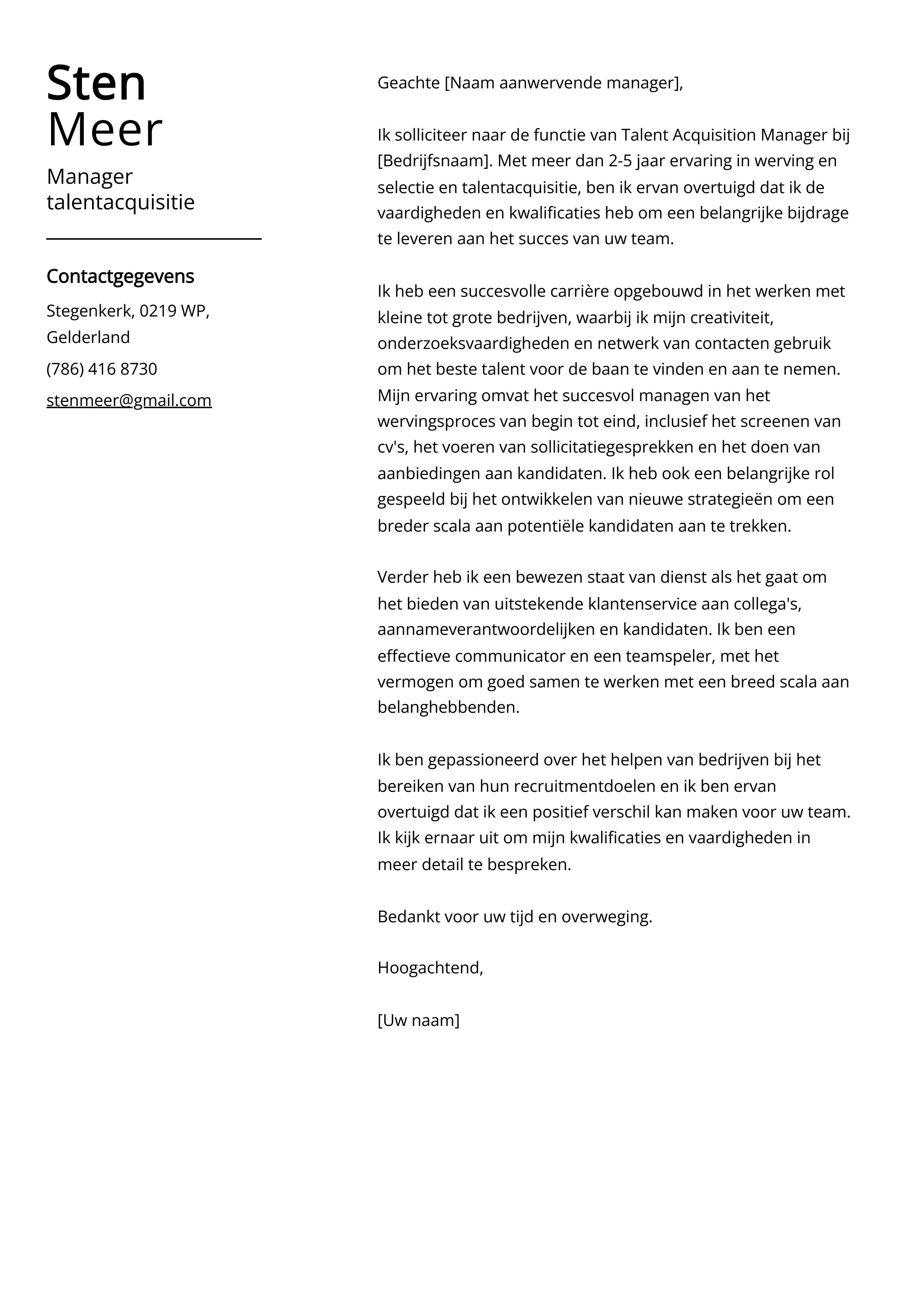 Manager talentacquisitie Sollicitatiebrief Voorbeeld