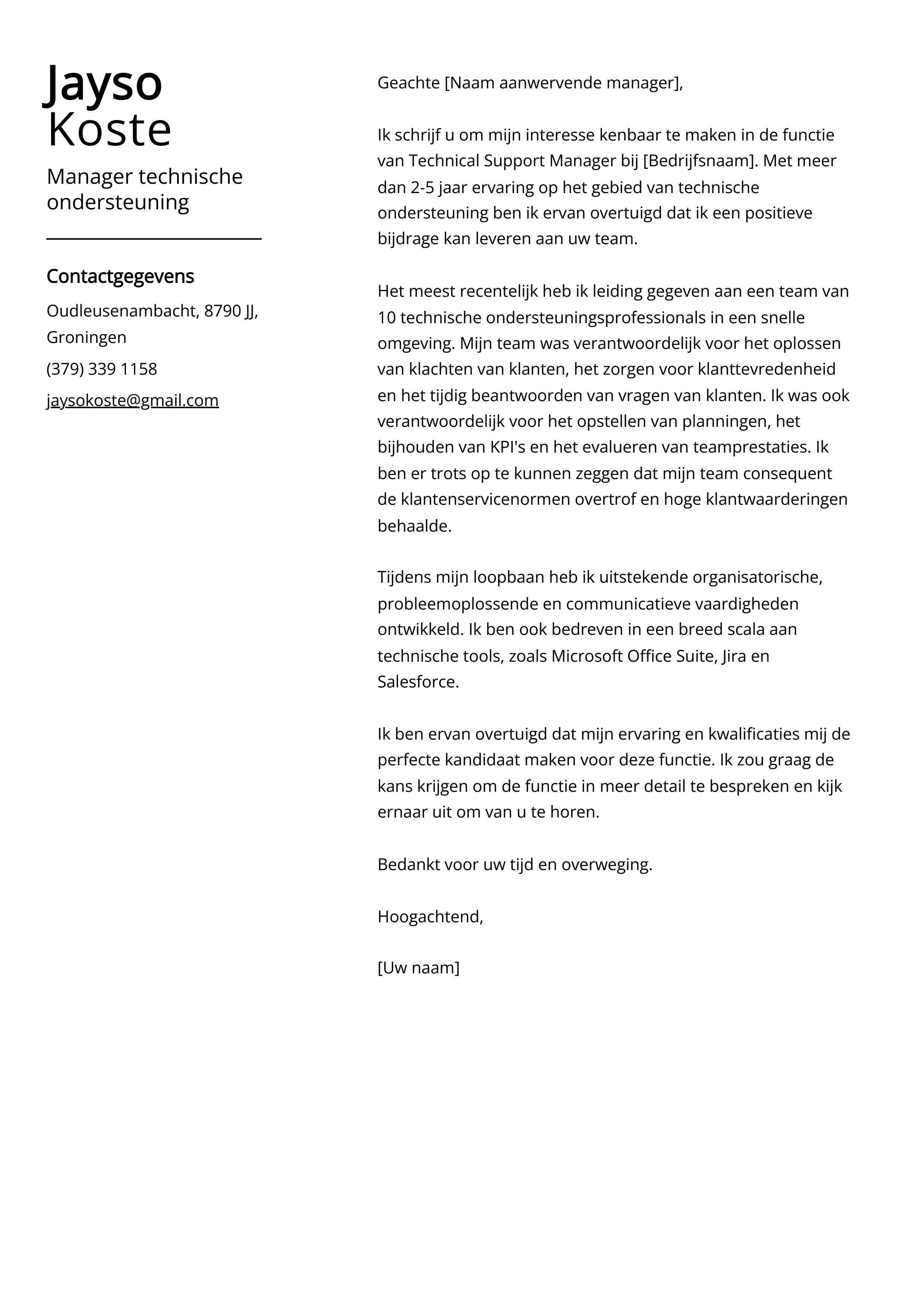 Manager technische ondersteuning Cover Letter Voorbeeld