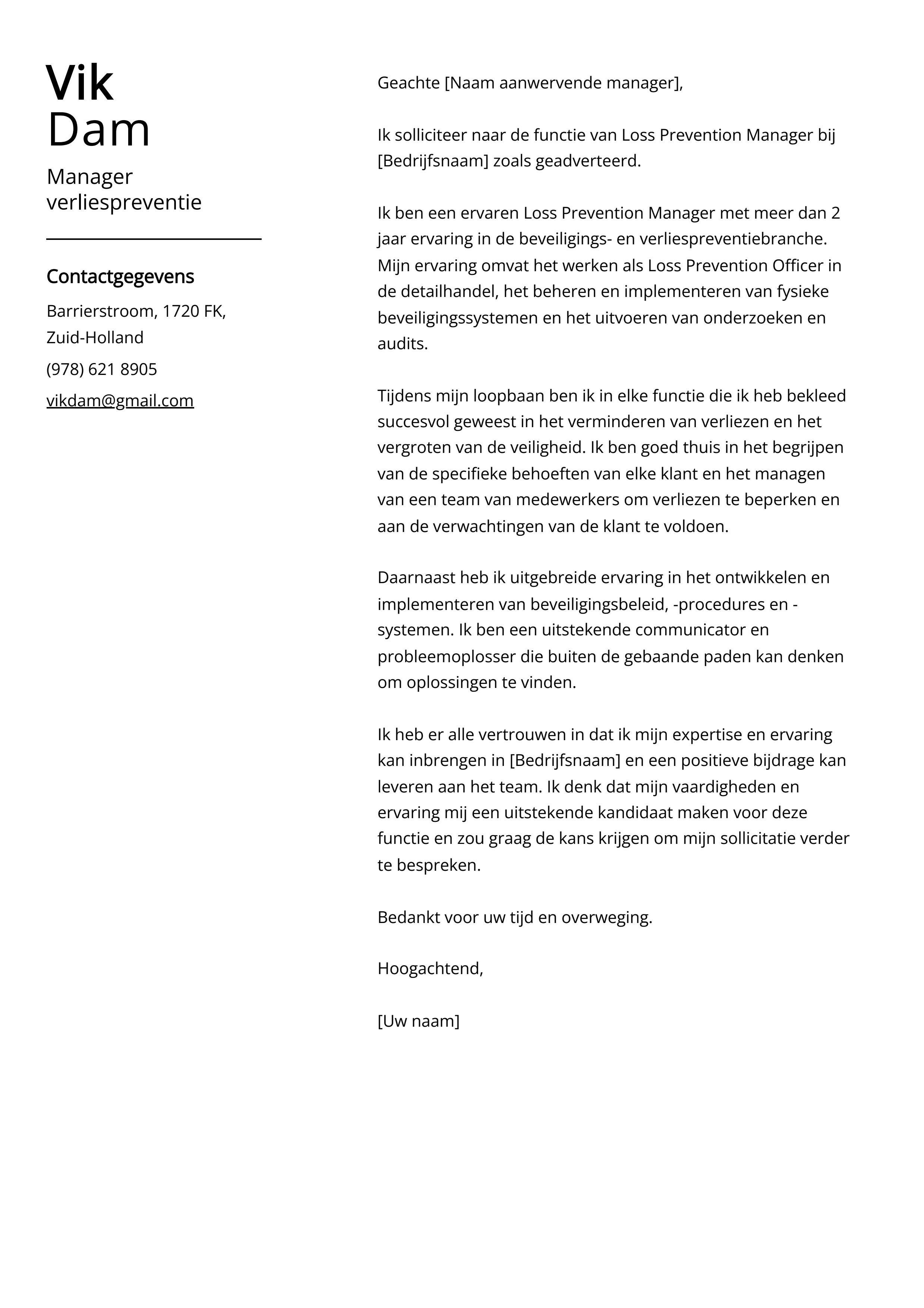 Manager verliespreventie Cover Letter Voorbeeld