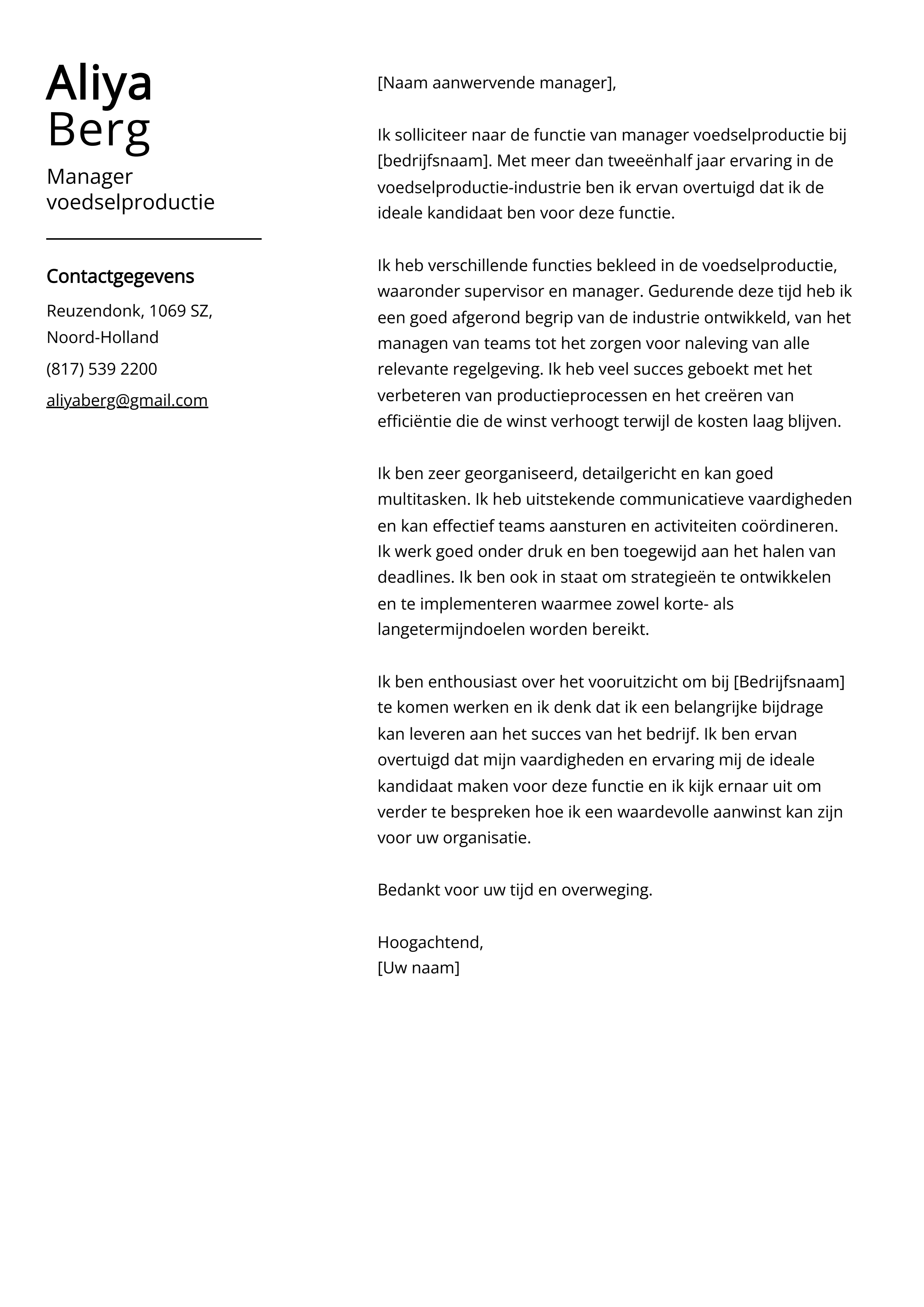 Manager voedselproductie Cover Letter Voorbeeld