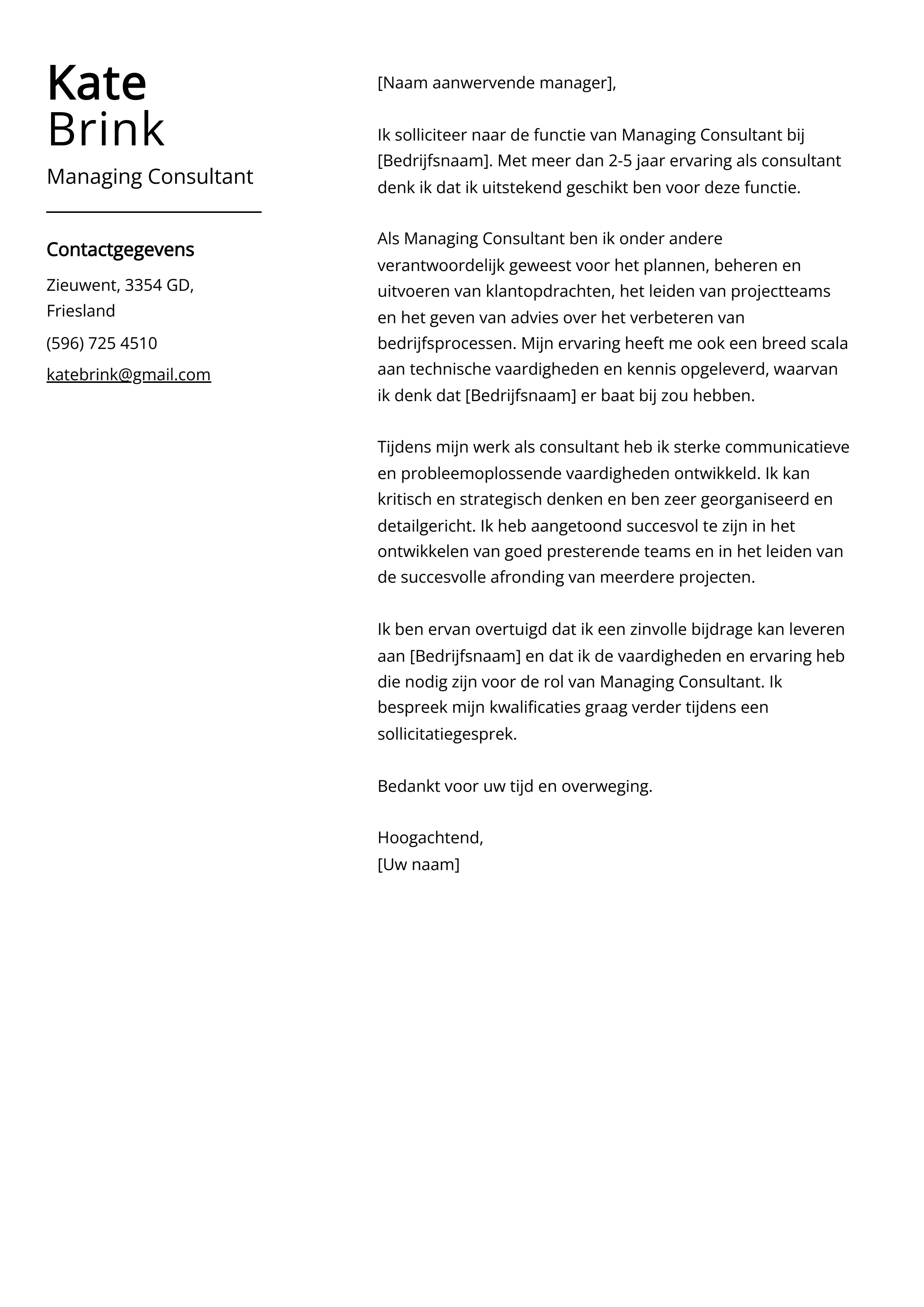 Managing Consultant Voorbeeld sollicitatiebrief