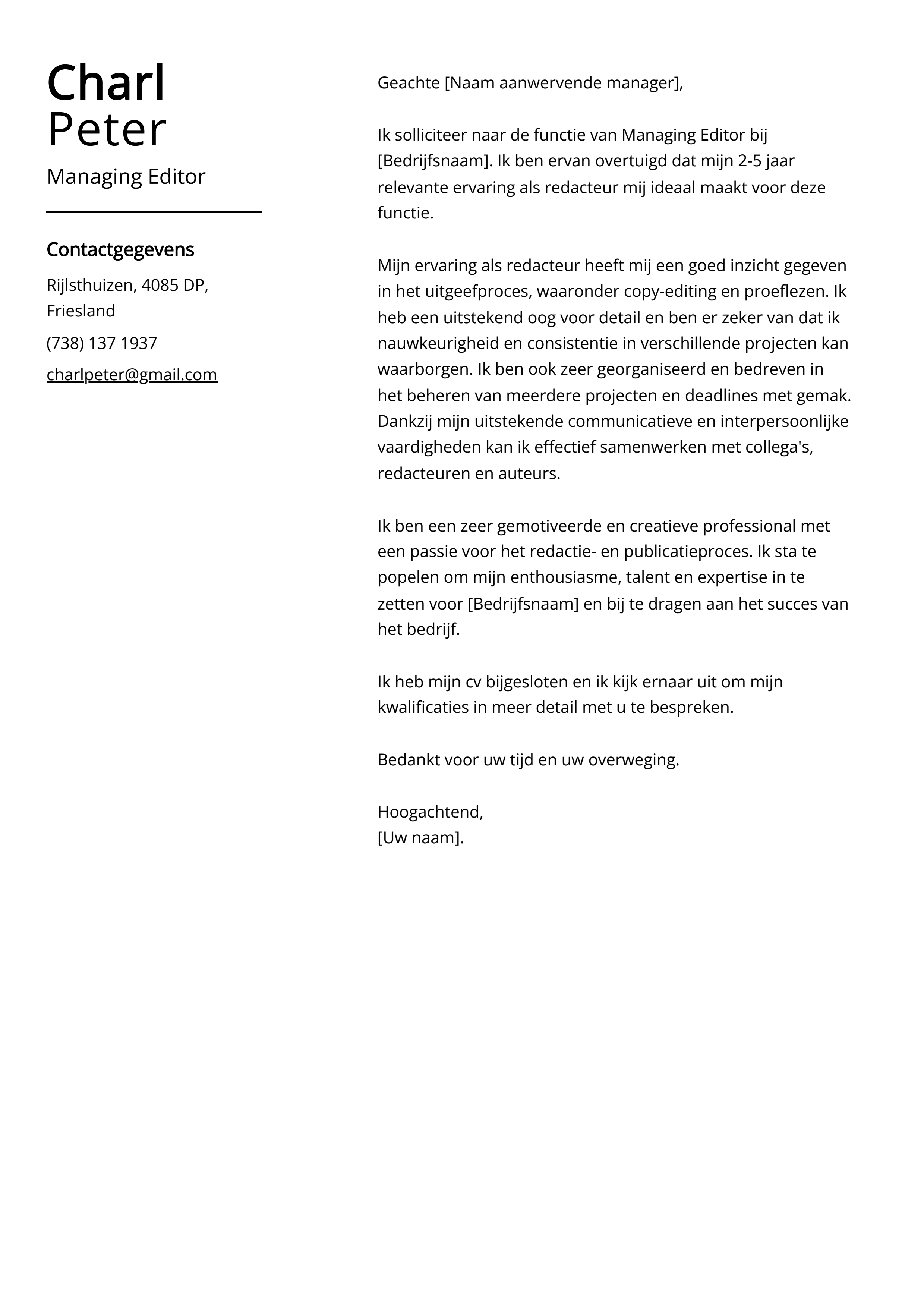 Managing Editor Voorbeeld sollicitatiebrief