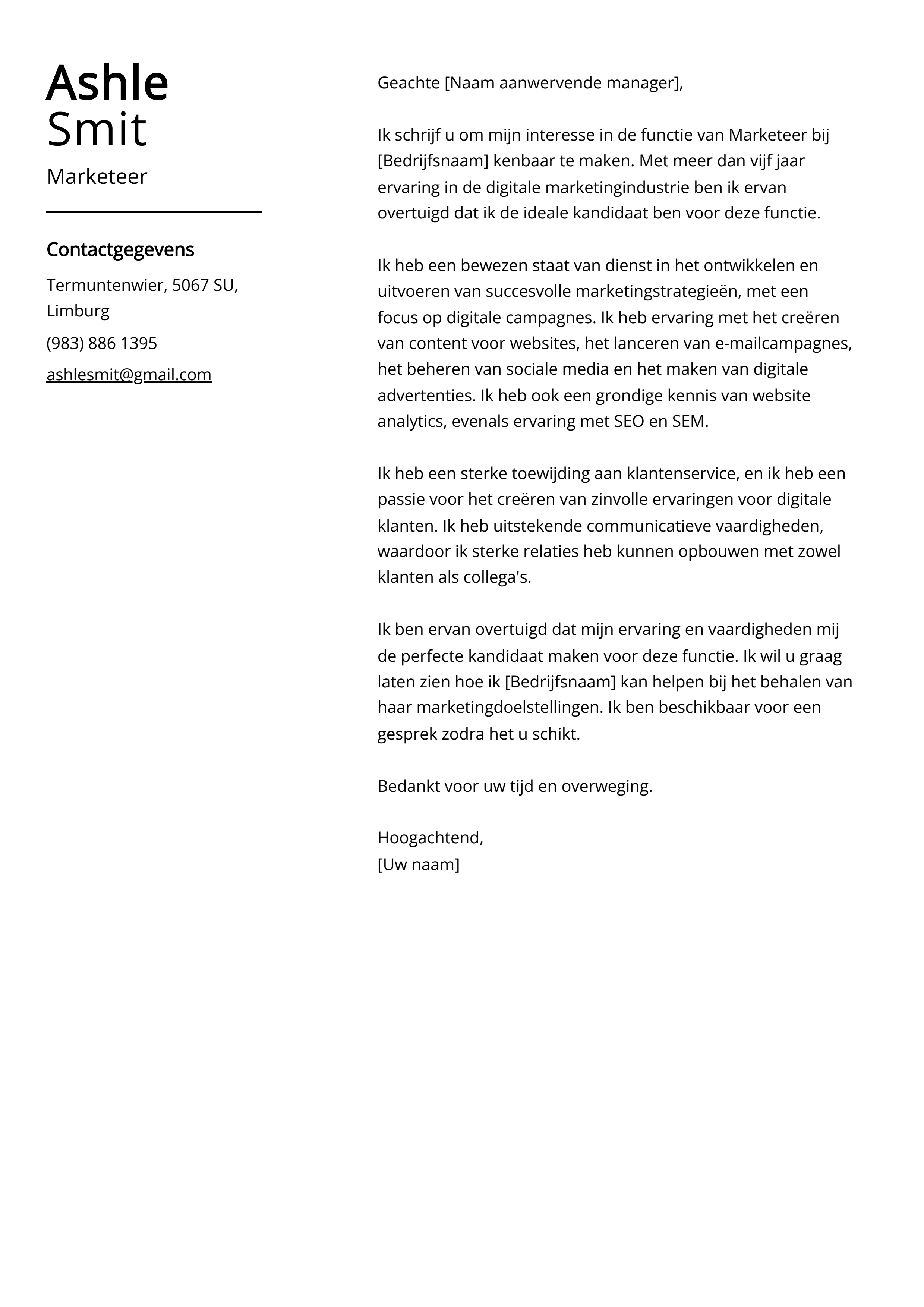 Marketeer Sollicitatiebrief Voorbeeld