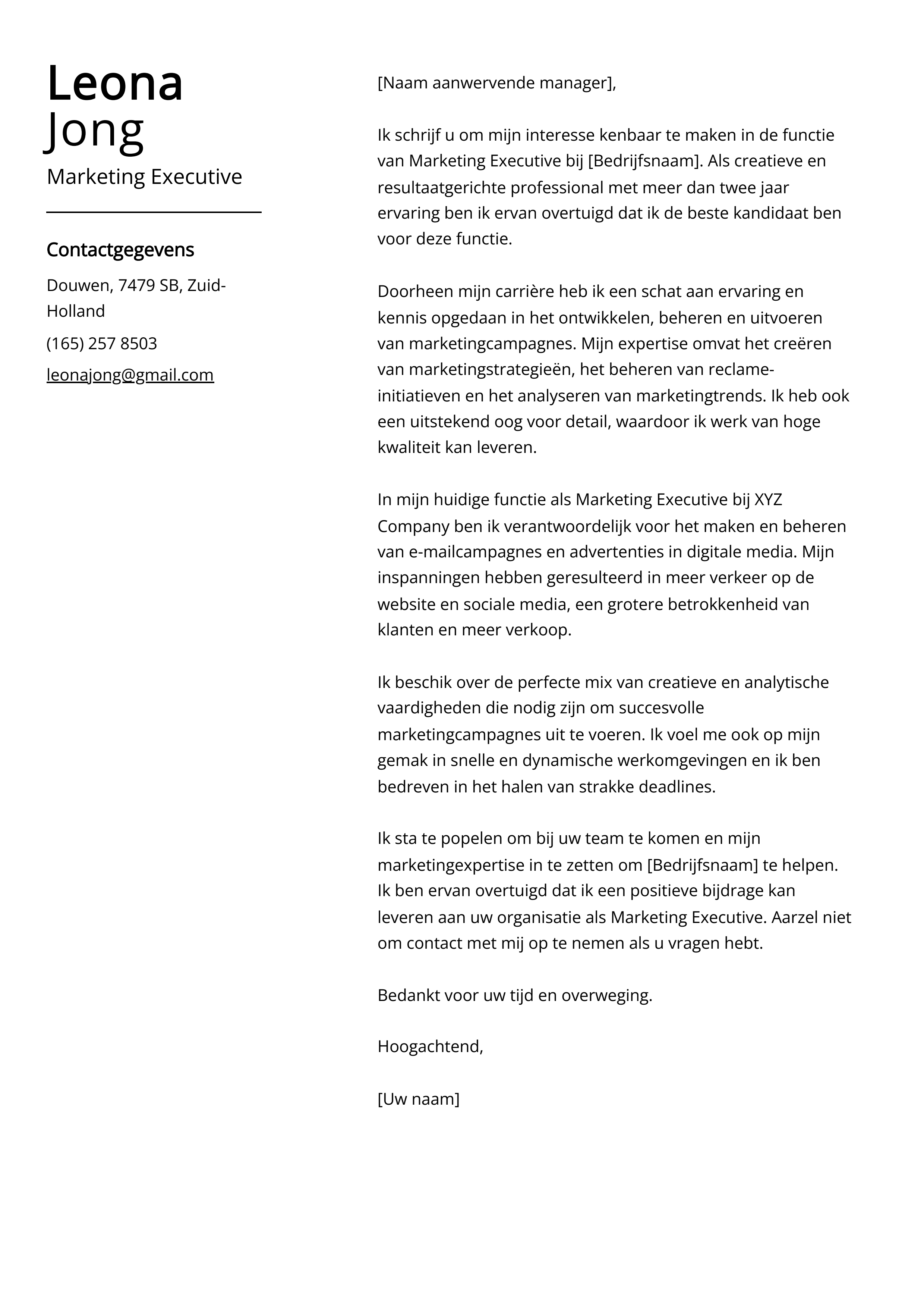 Marketing Executive Voorbeeld sollicitatiebrief