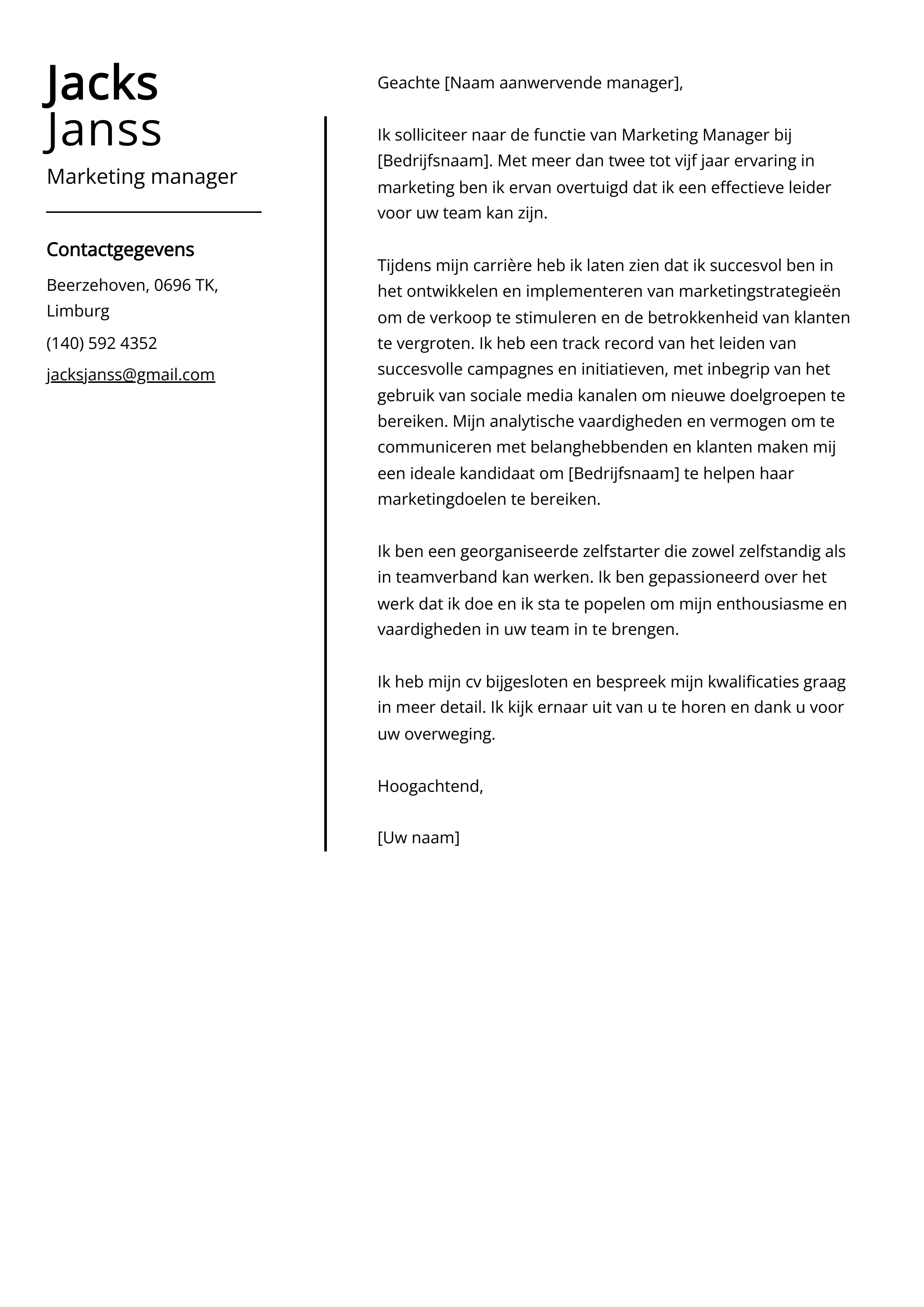 Marketing manager Voorbeeld sollicitatiebrief